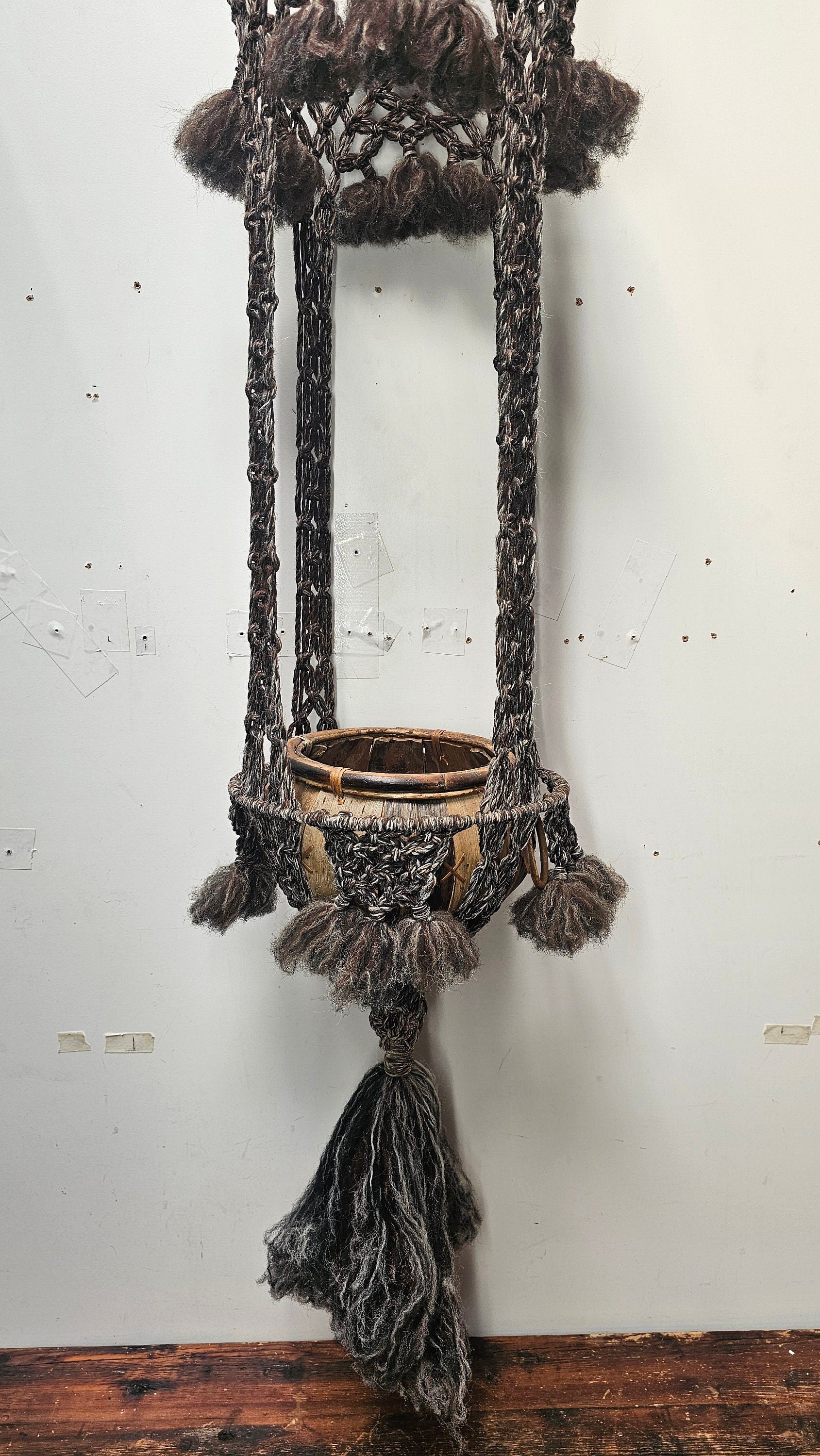 Macrame Wool Yarn Hanging Plant Holder With Ratten Bamboo Planter Boho 68" H