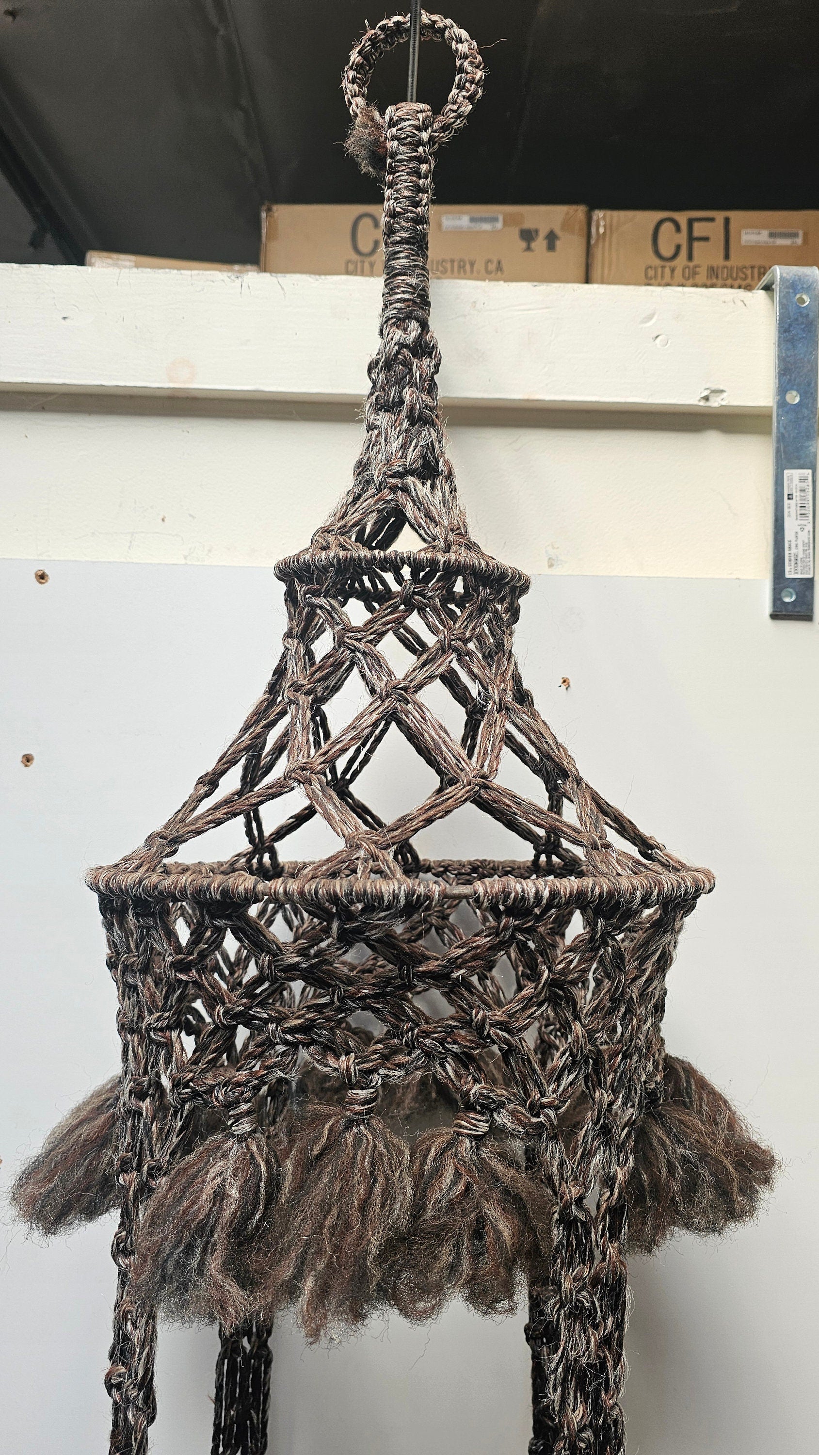 Macrame Wool Yarn Hanging Plant Holder With Ratten Bamboo Planter Boho 68" H