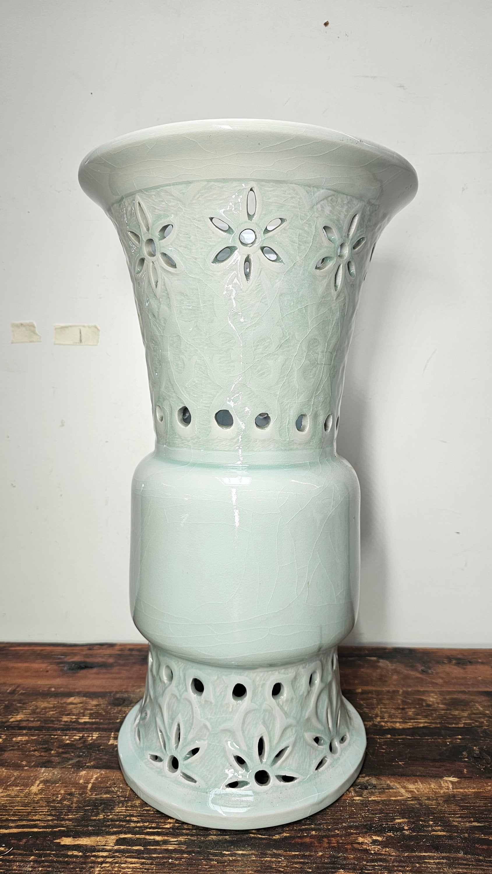 Chinese Gu Beaker Style Celadon Vase Footed Flower Vase 19.75" H