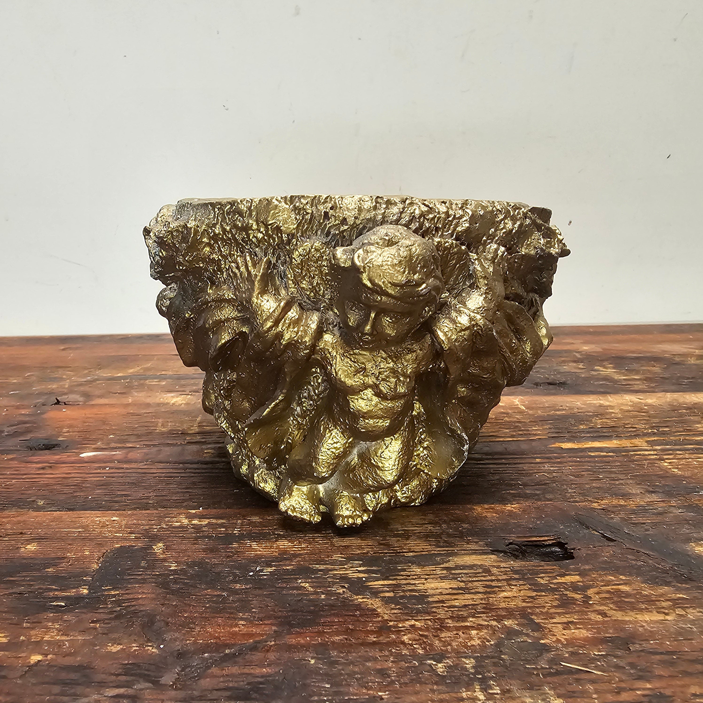 Vintage Gold Cherubs Candle Holder Planter Trinket 7" Dia x 4.5" H