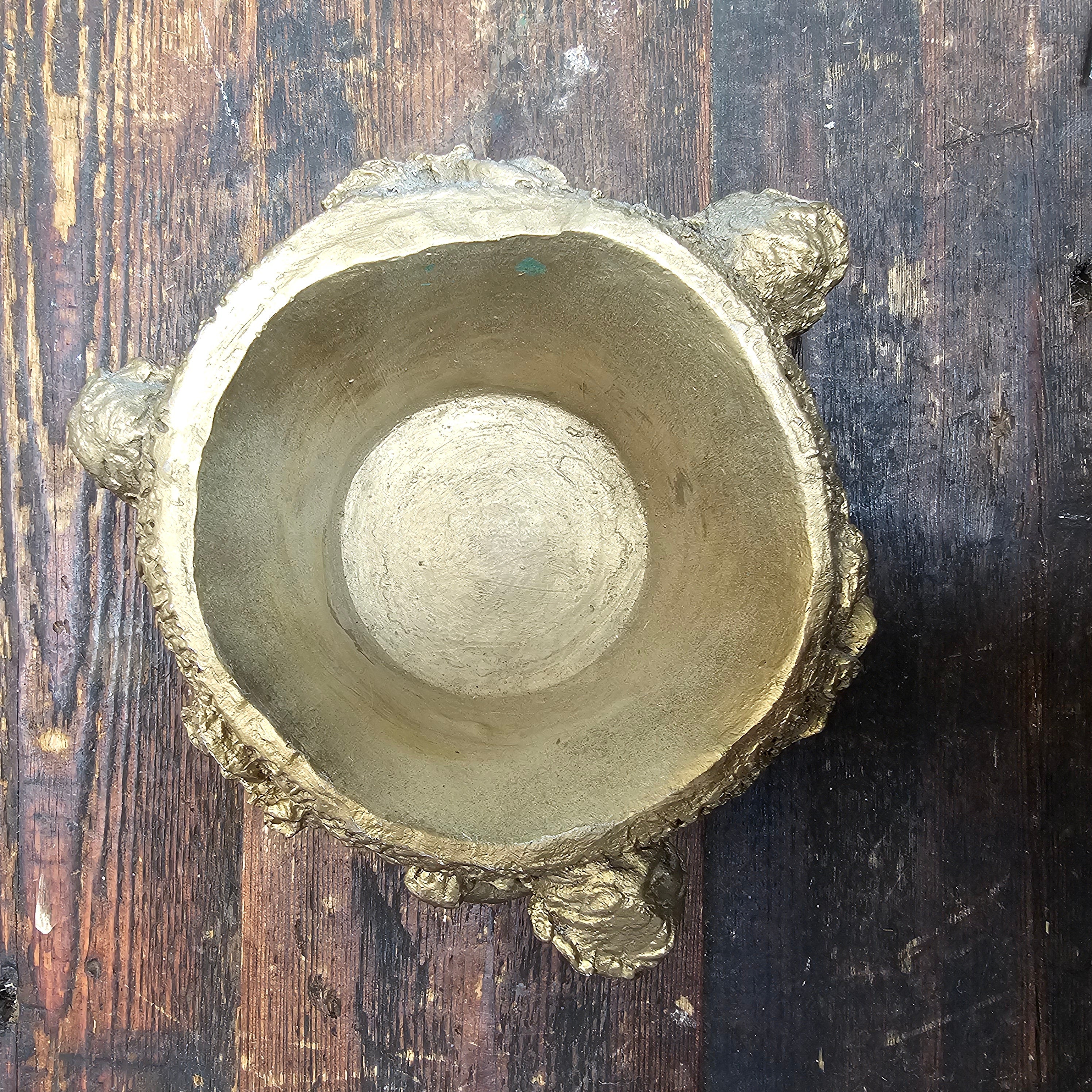 Vintage Gold Cherubs Candle Holder Planter Trinket 7" Dia x 4.5" H