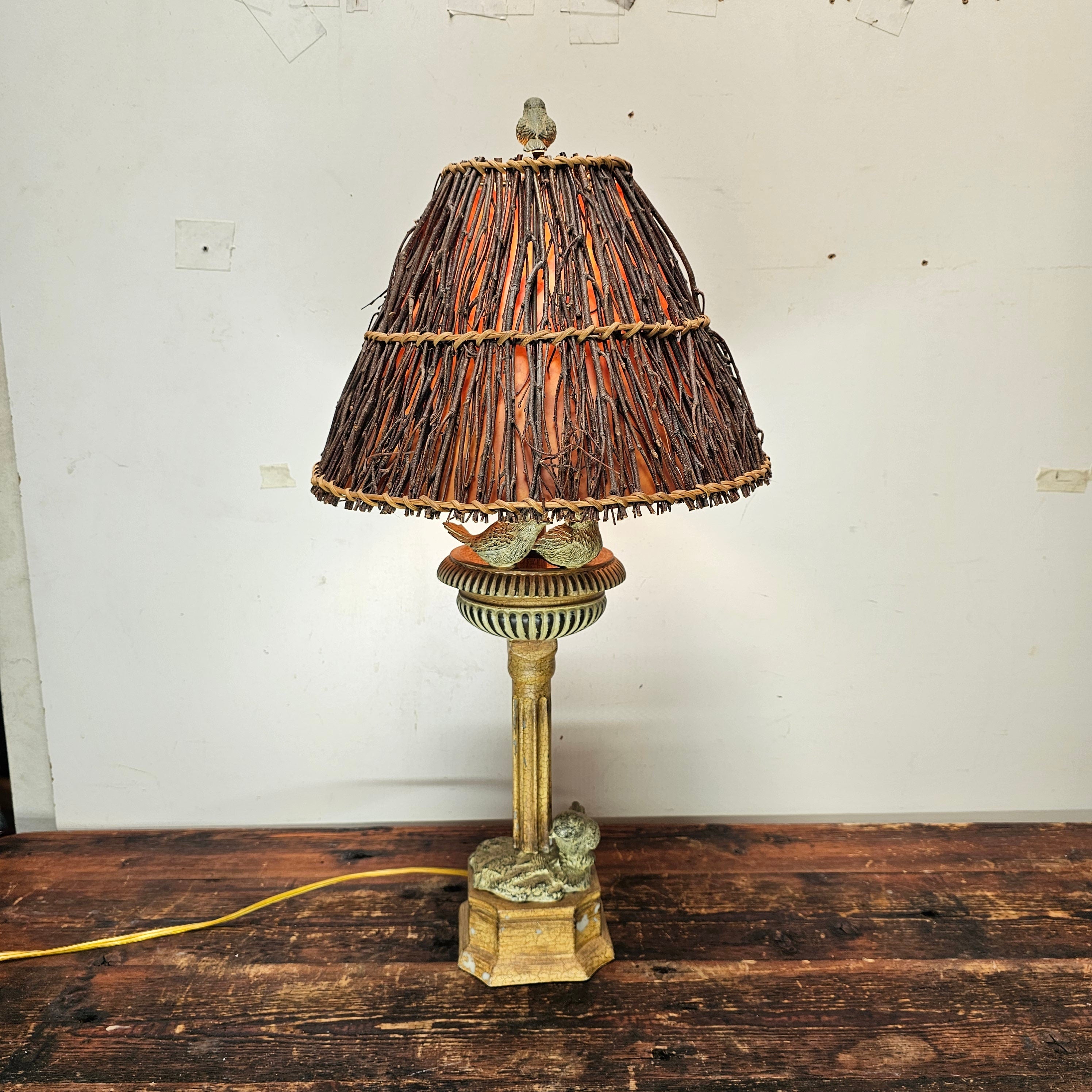 Birds Gathering Tall Lamp With Woven Twig Shade 28.5" H