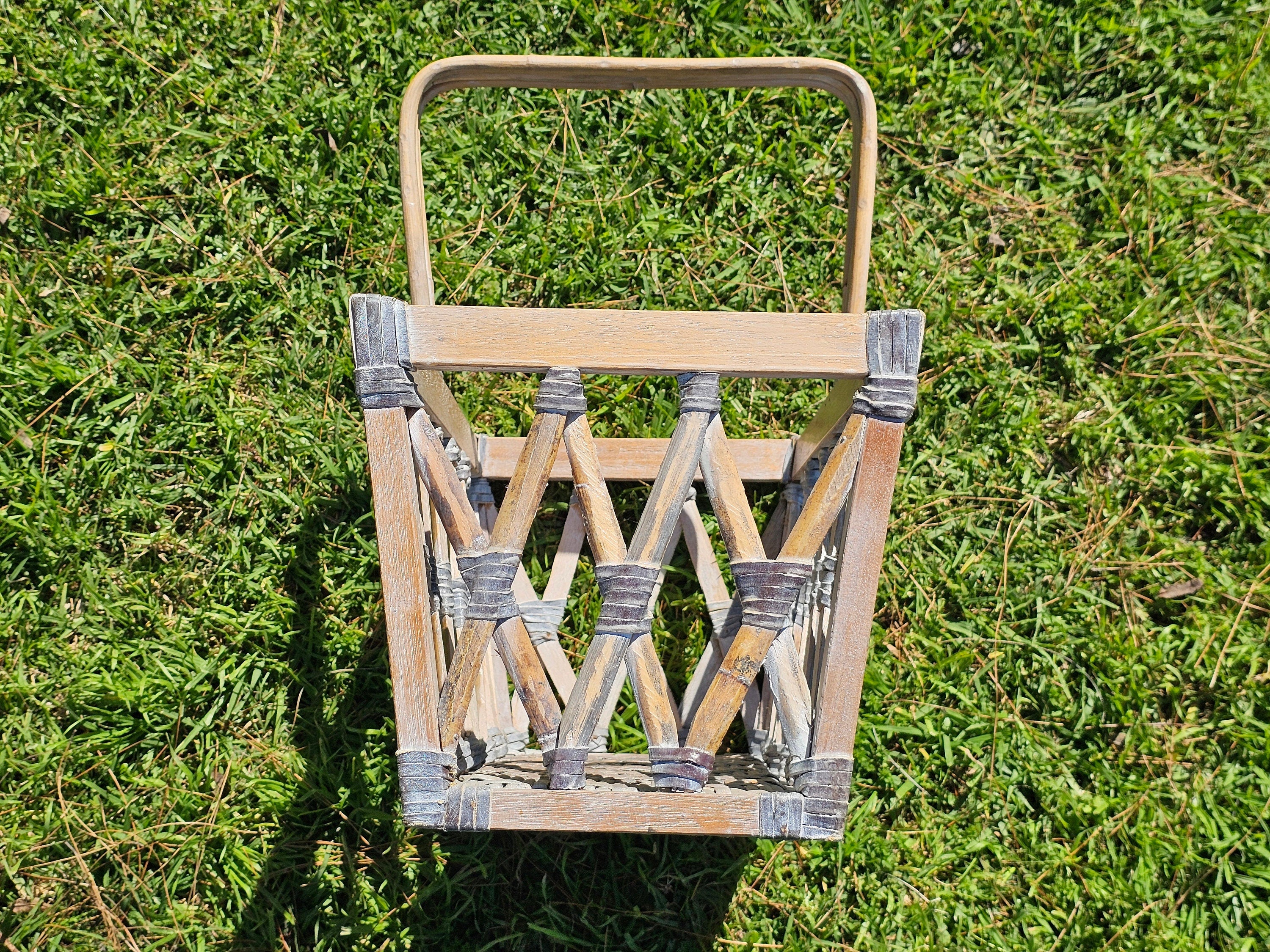 Wood & Rattan Leather Thong Wrapped Boho Style Basket 18"L x 11"W x 18.5"H