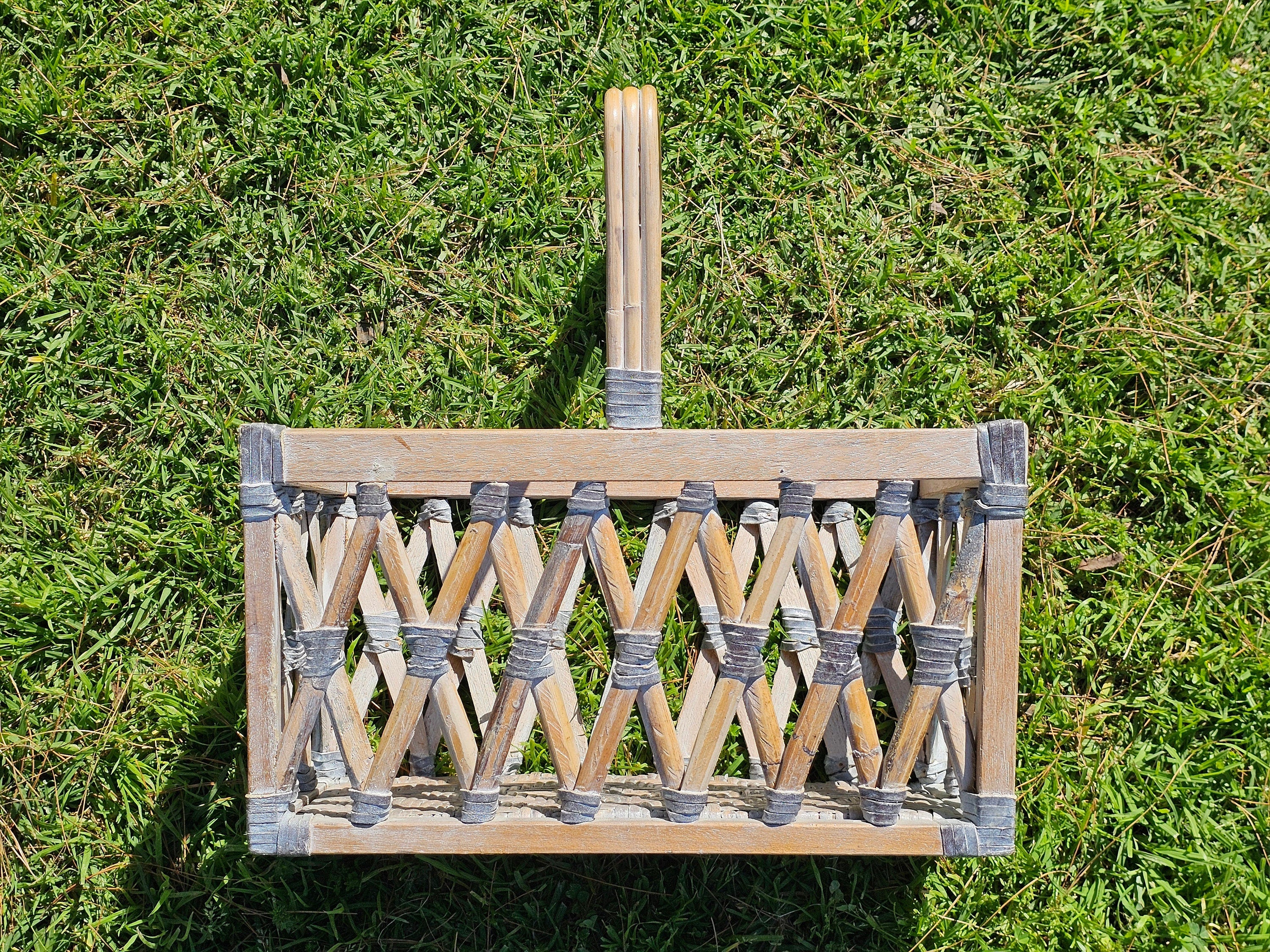 Wood & Rattan Leather Thong Wrapped Boho Style Basket 18"L x 11"W x 18.5"H