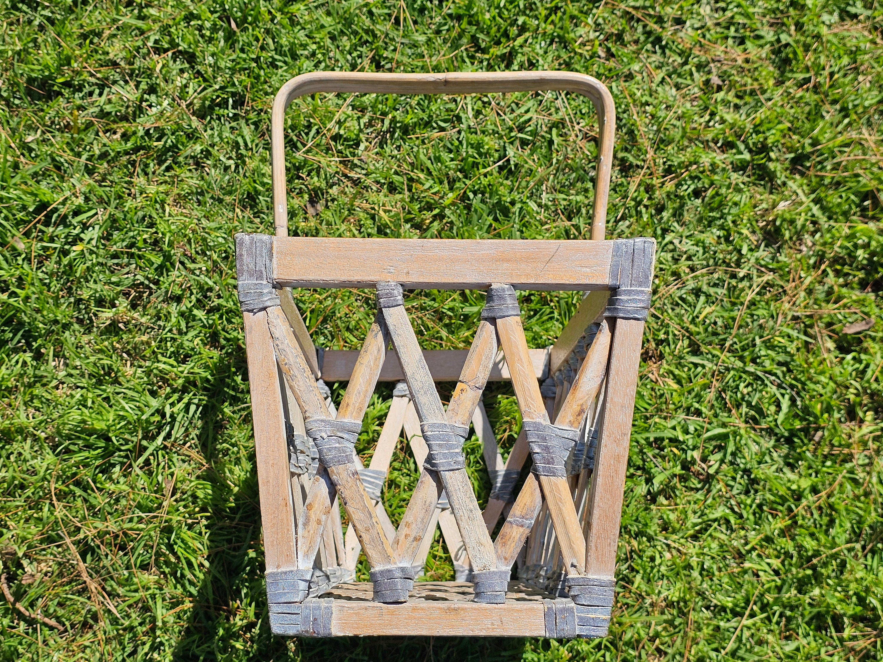 Wood & Rattan Leather Thong Wrapped Boho Style Basket 18"L x 11"W x 18.5"H