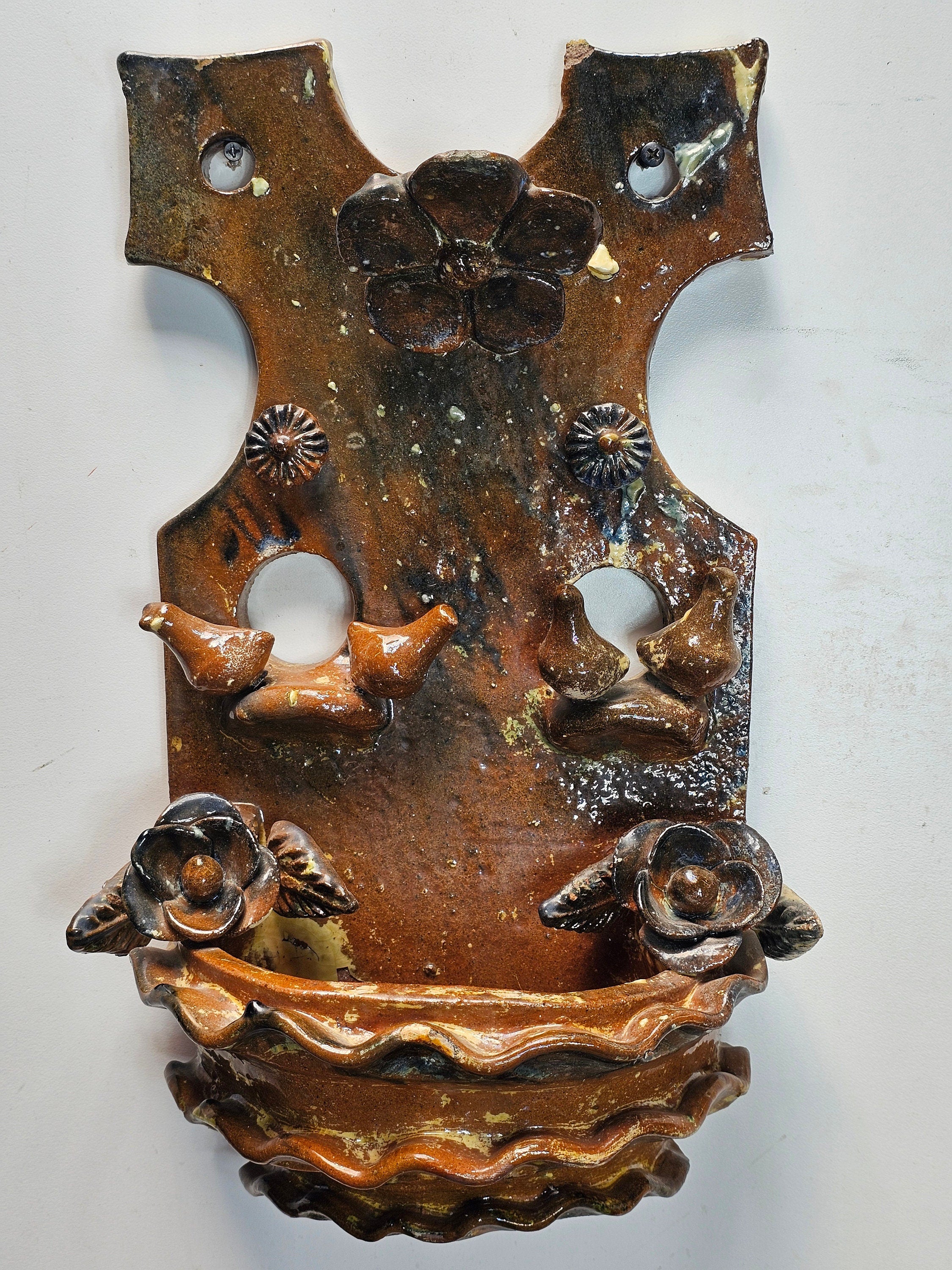 Vintage Mexican Tree of Life Pottery Metepec Wall Planter 16"H x 10"W x 5"D