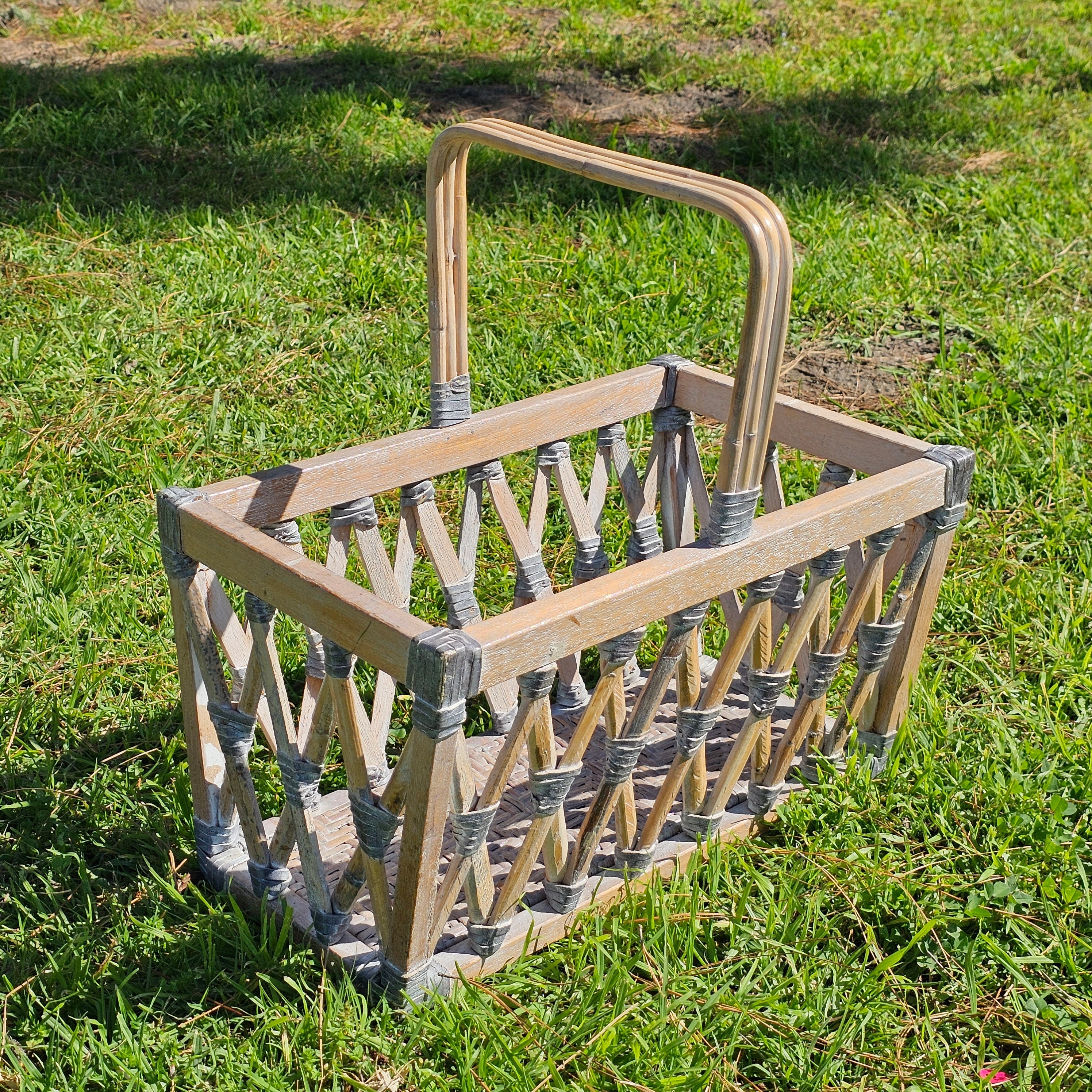 Wood & Rattan Leather Thong Wrapped Boho Style Basket 18"L x 11"W x 18.5"H