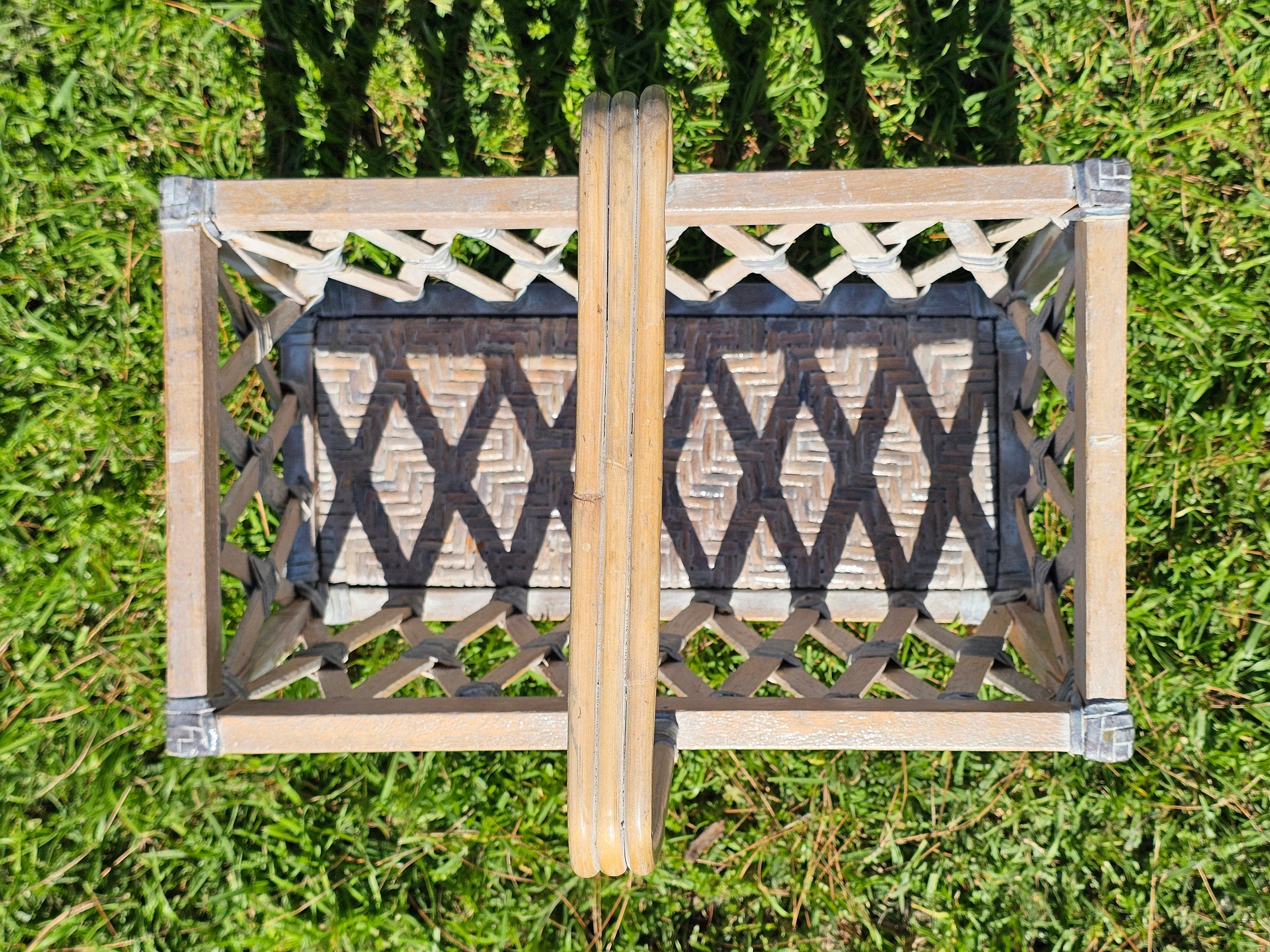 Wood & Rattan Leather Thong Wrapped Boho Style Basket 18"L x 11"W x 18.5"H