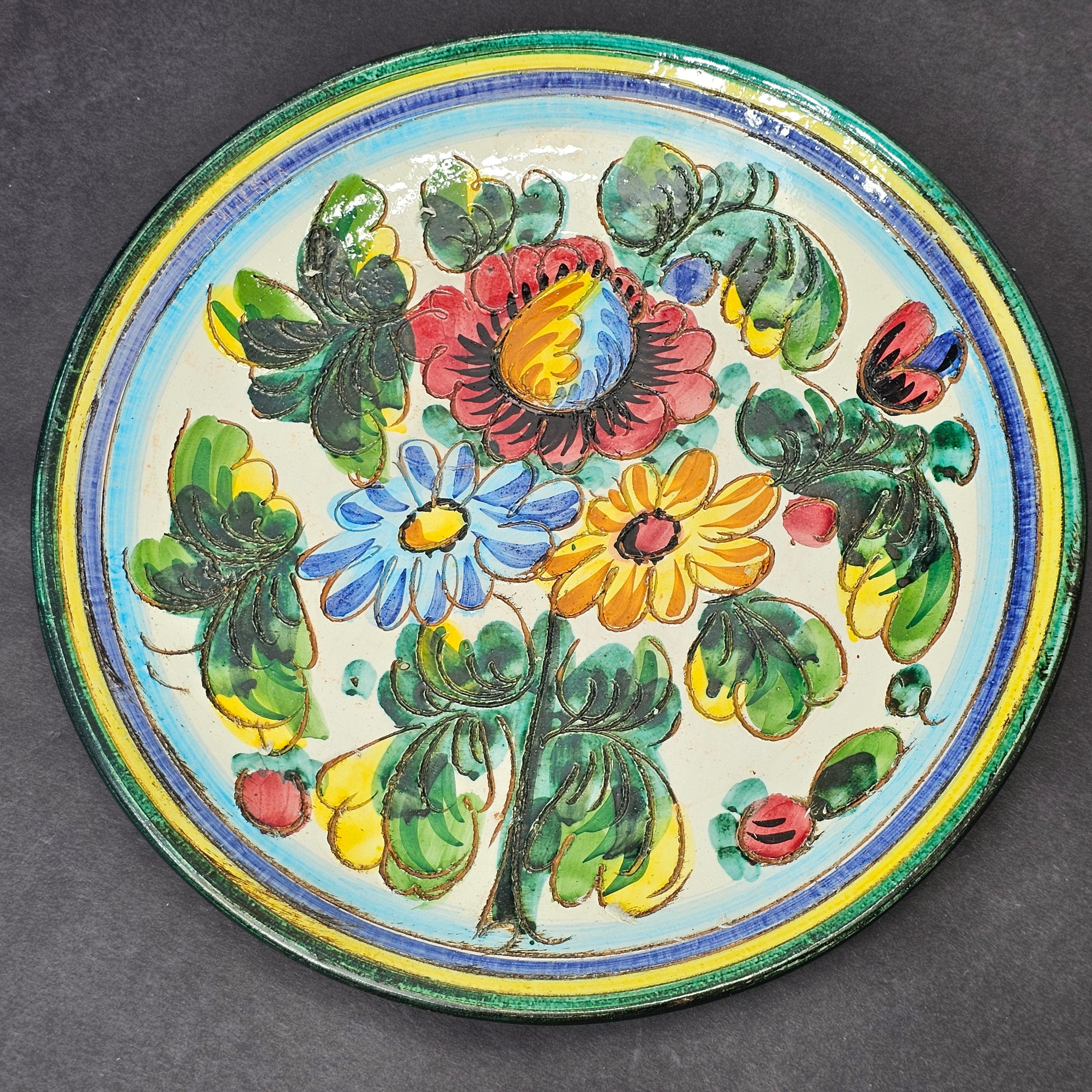 Firenze Pottery Plate Engraved Floral Wall Hanging Decor Italy 10.75"