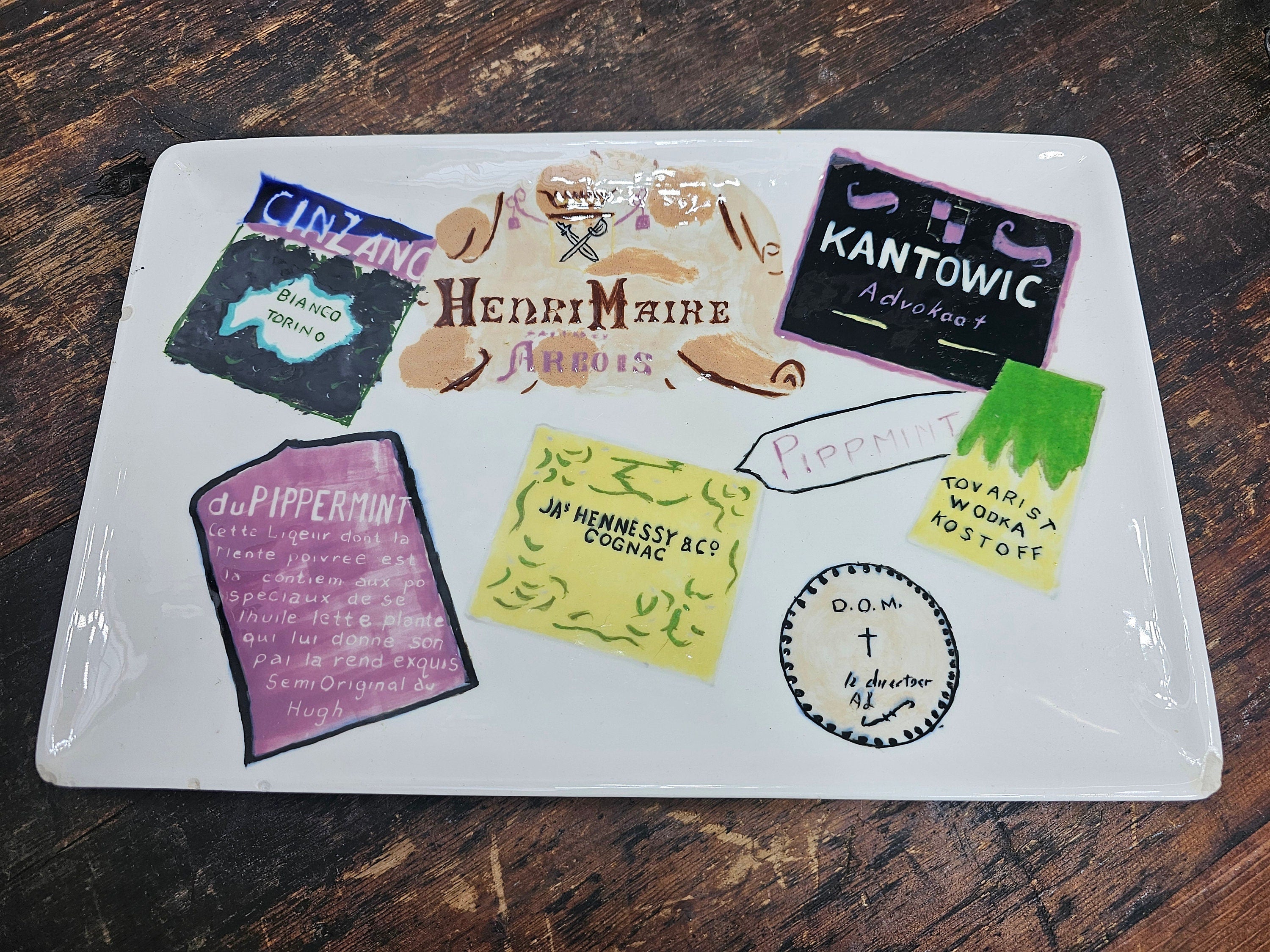 Hand-Painted Bottle Labels platter Cheese Plate Signed 13" L x 8.5" W x 1" H