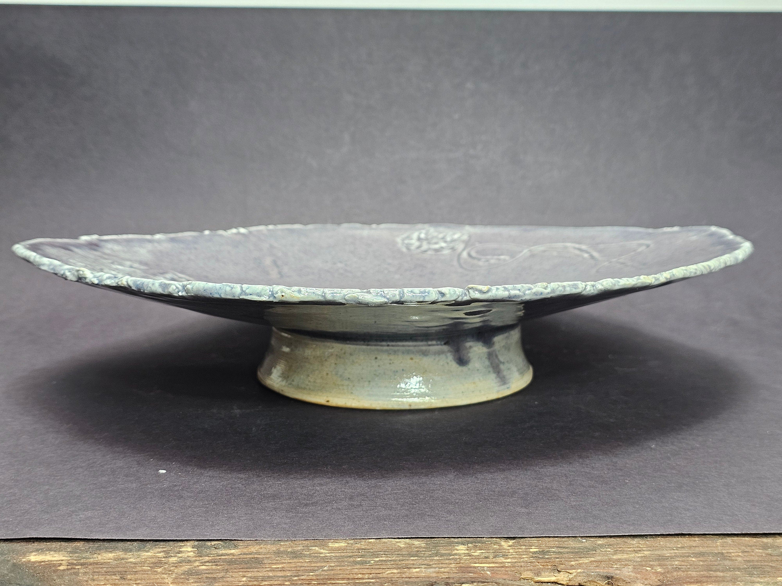 Vintage Studio Art Pottery Japanese Style Gray Plate Floral Design 12.5" x 13.5" x 2.75" H