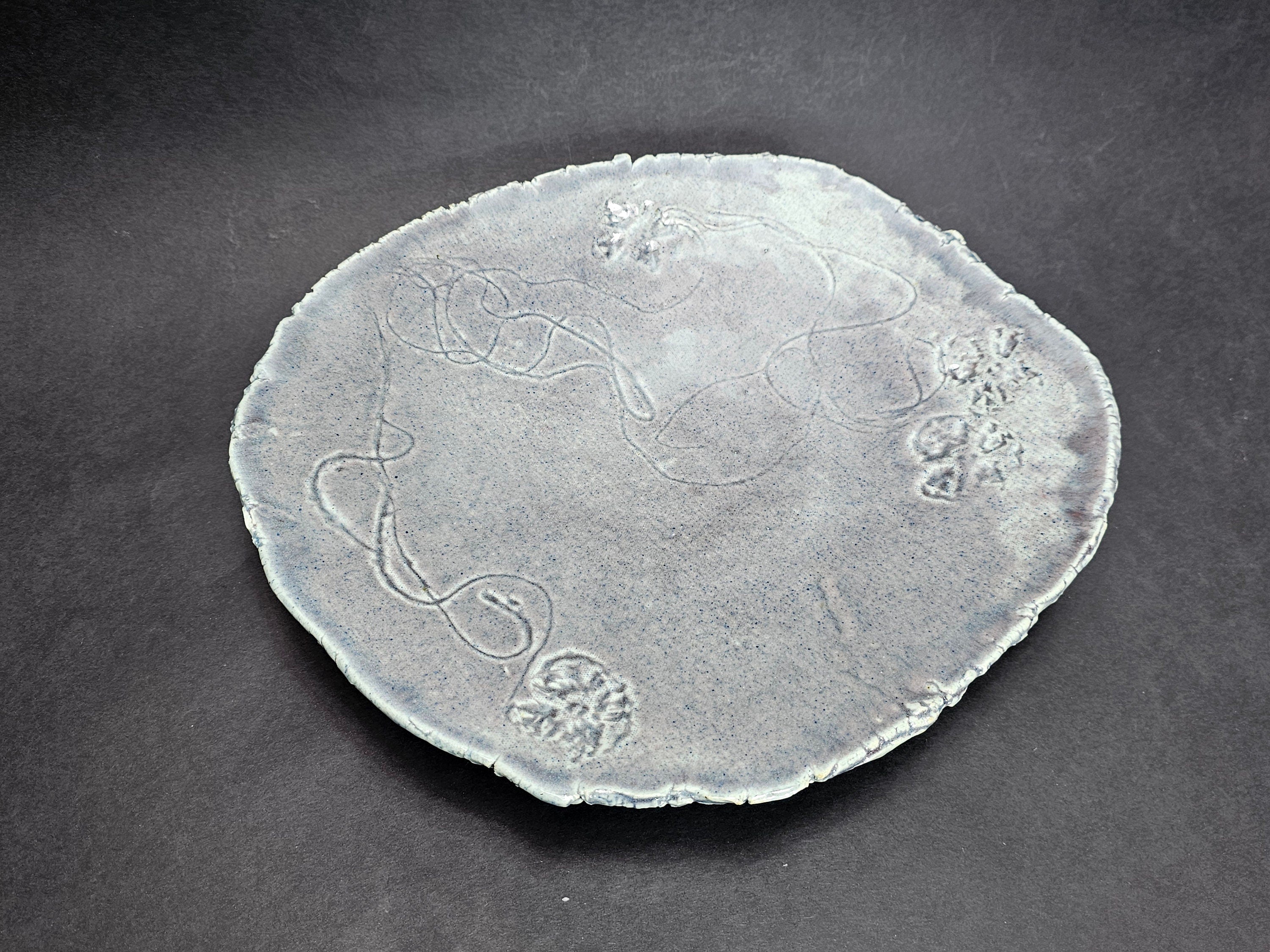 Vintage Studio Art Pottery Japanese Style Gray Plate Floral Design 12.5" x 13.5" x 2.75" H