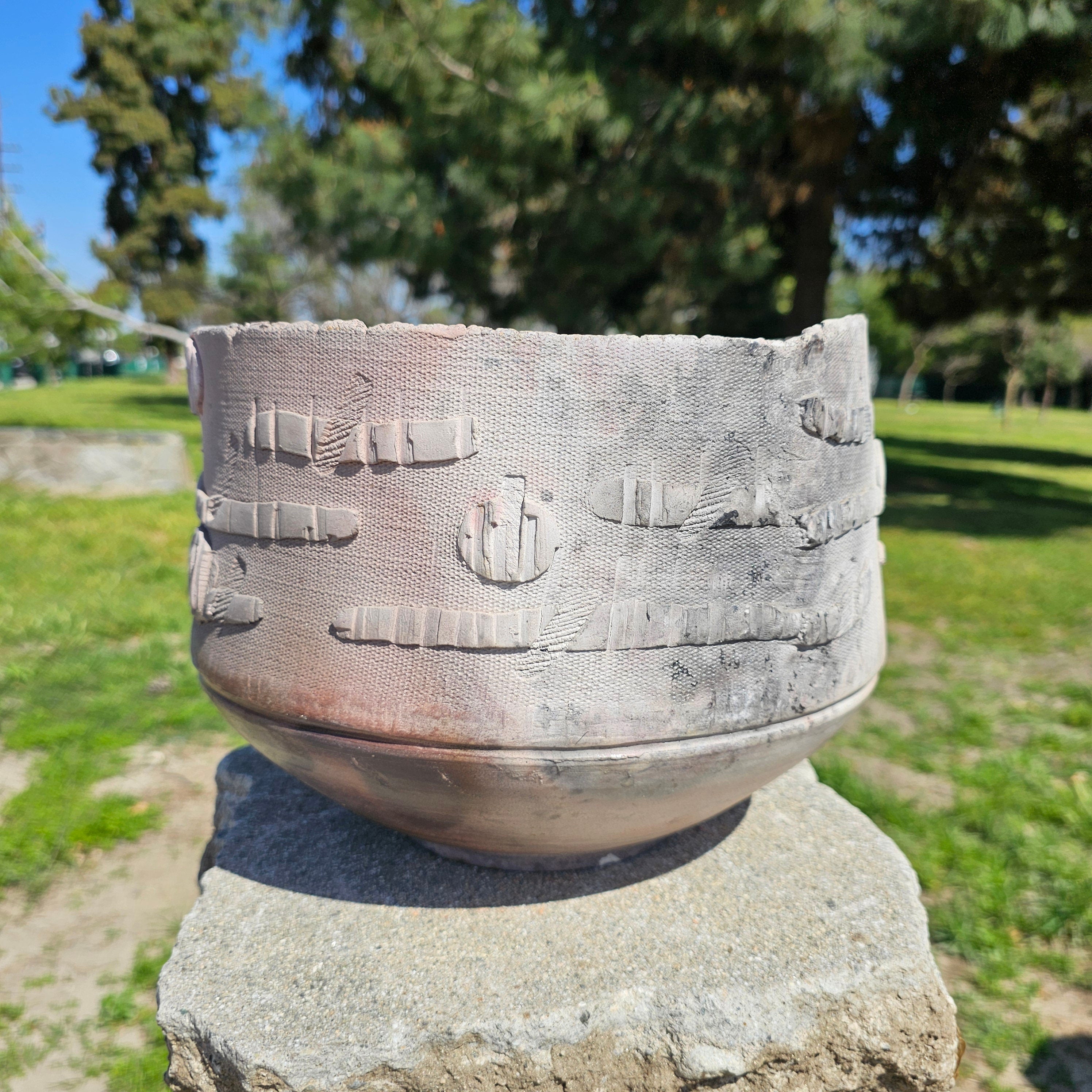 Studio Art Pottery Bowl Gray Signed 10.5" Dia x 8" H