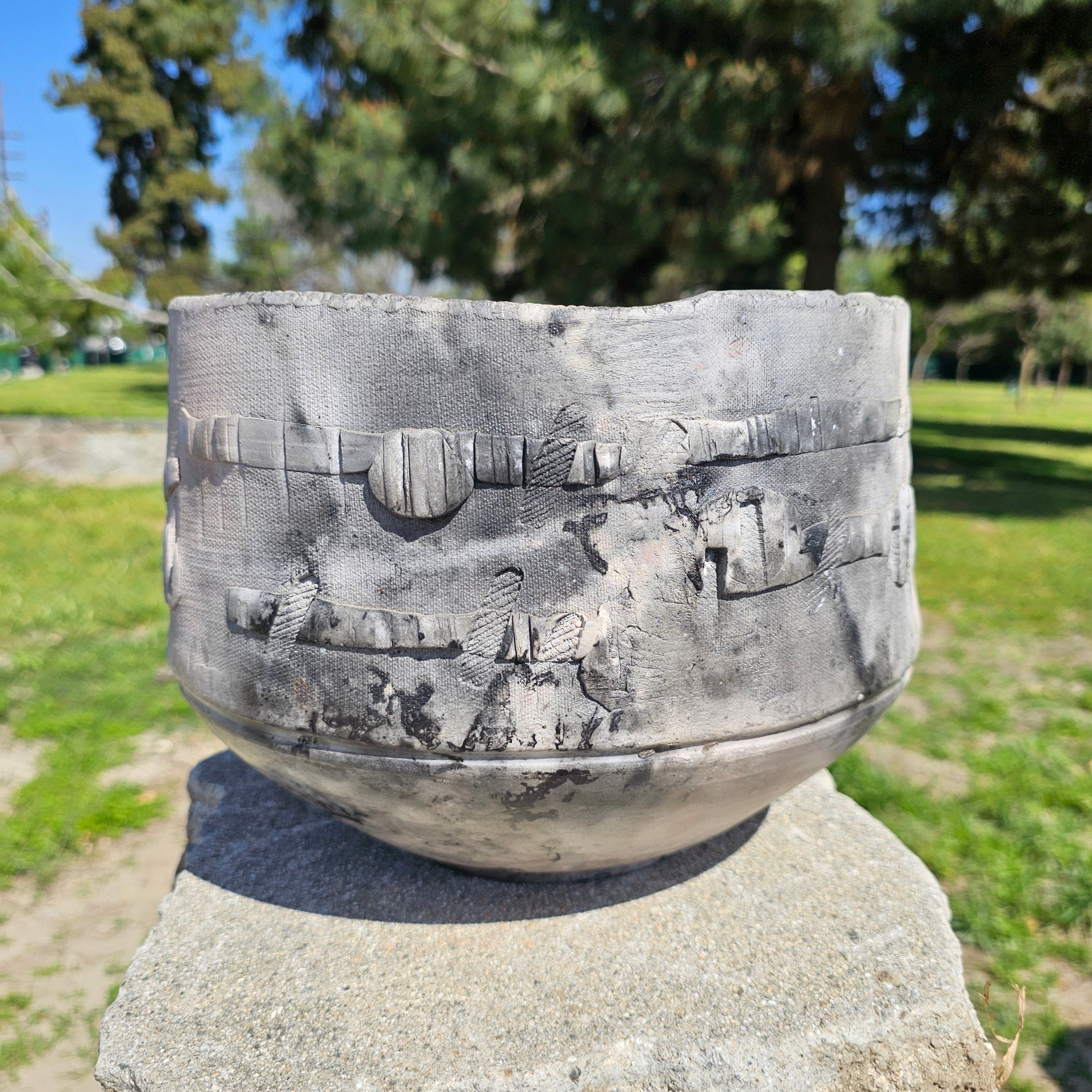 Studio Art Pottery Bowl Gray Signed 10.5" Dia x 8" H