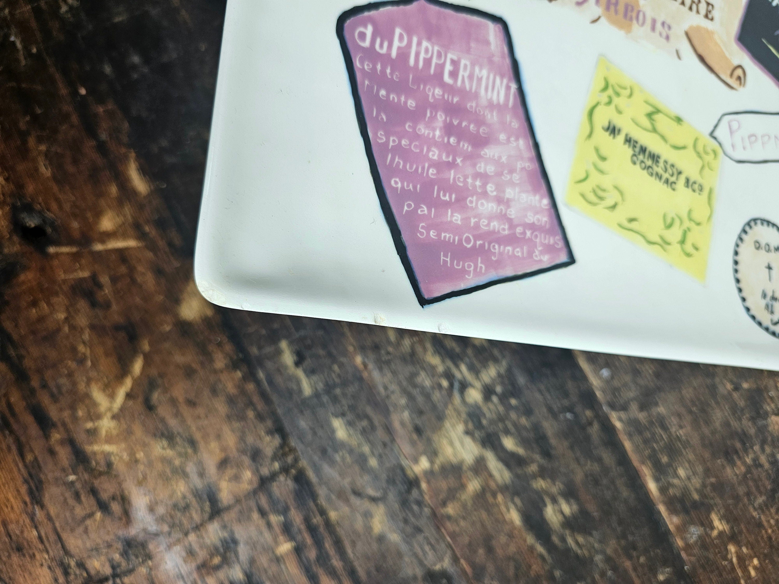 Hand-Painted Bottle Labels platter Cheese Plate Signed 13" L x 8.5" W x 1" H