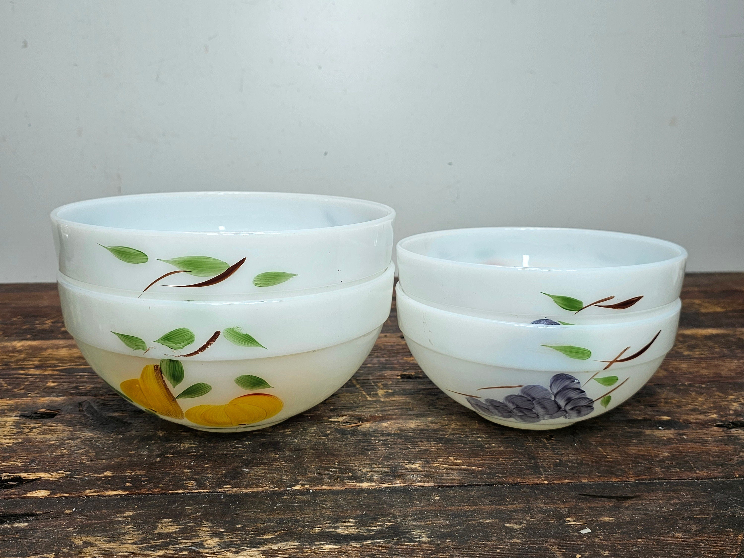 Set of 4 Fire King Gay Fad Fruit Pattern Mixing Bowls 2 Large & 2 Medium Bowls