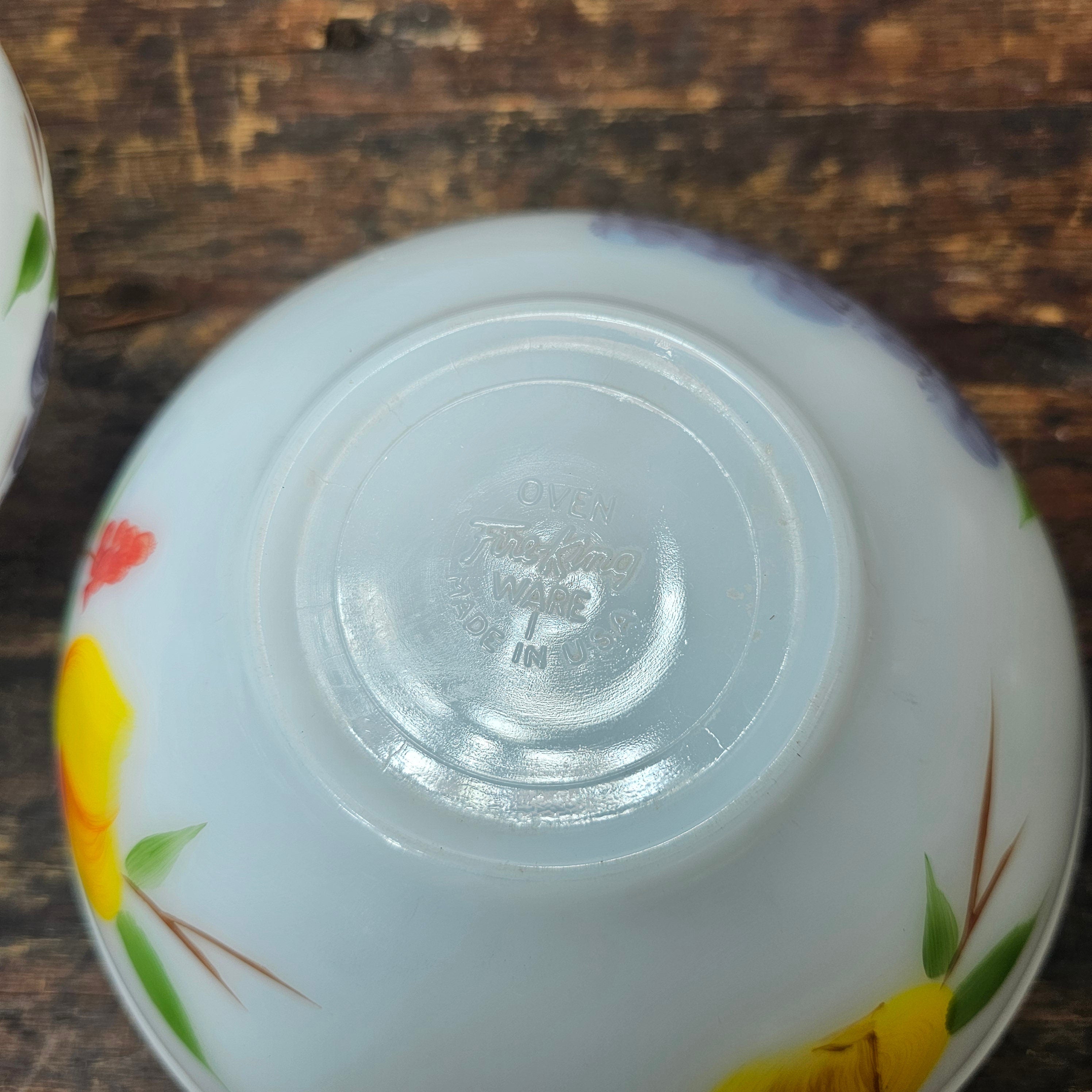 Set of 4 Fire King Gay Fad Fruit Pattern Mixing Bowls 2 Large & 2 Medium Bowls