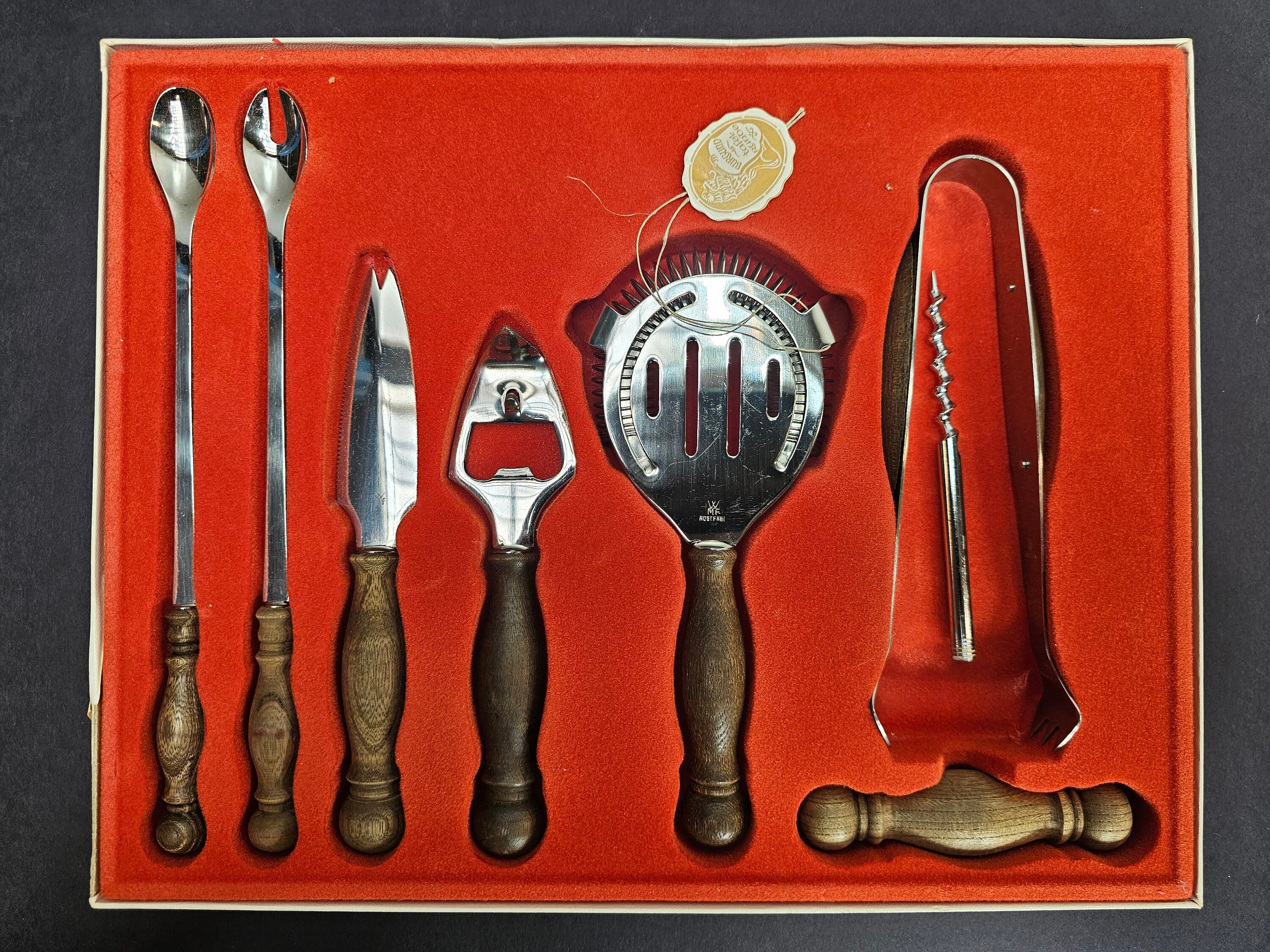 Vintage WMF 7 Piece Bar Set Drink Bottle Opener Spoon Tongs Cork Screw Germany