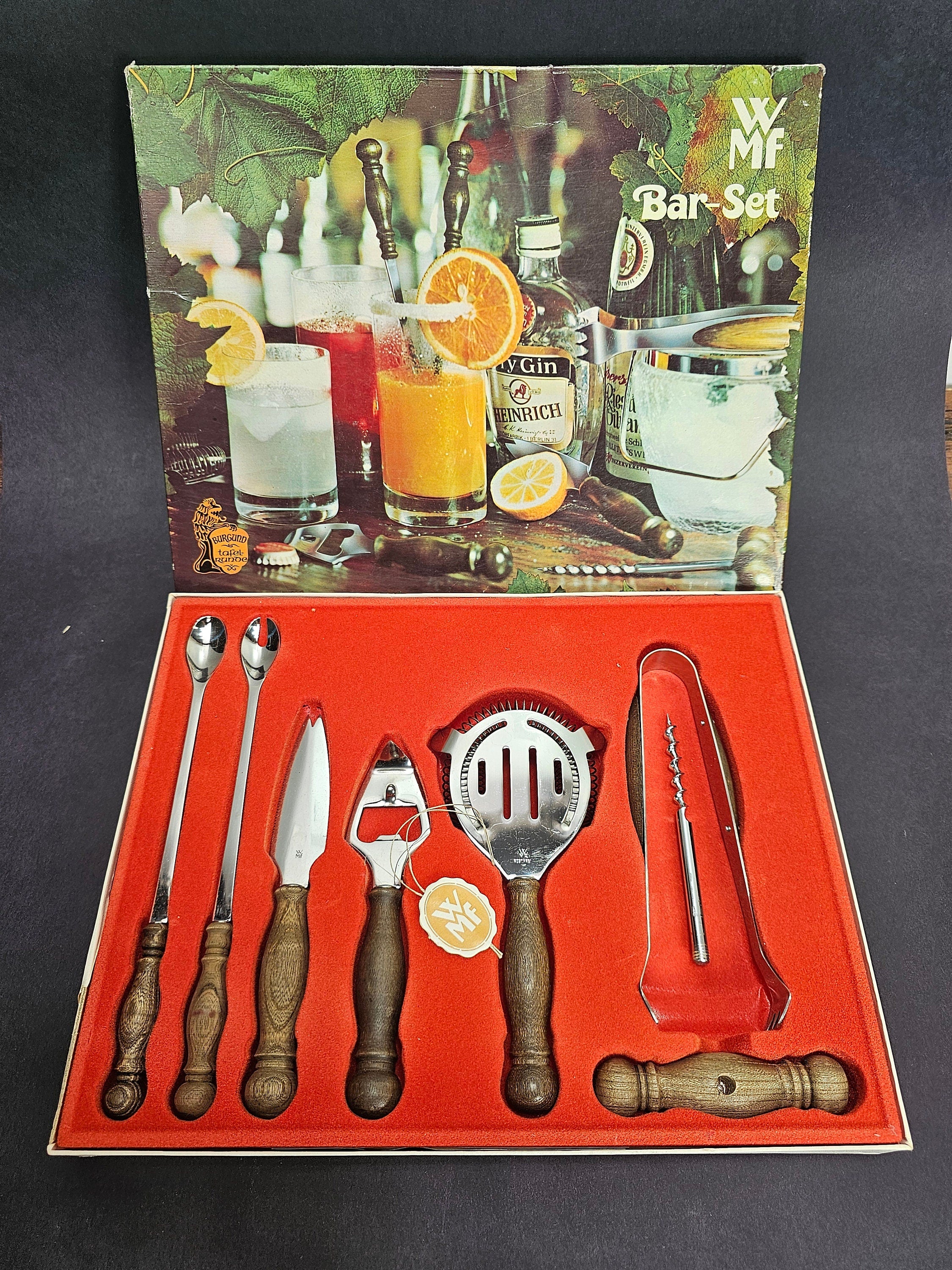 Vintage WMF 7 Piece Bar Set Drink Bottle Opener Spoon Tongs Cork Screw Germany