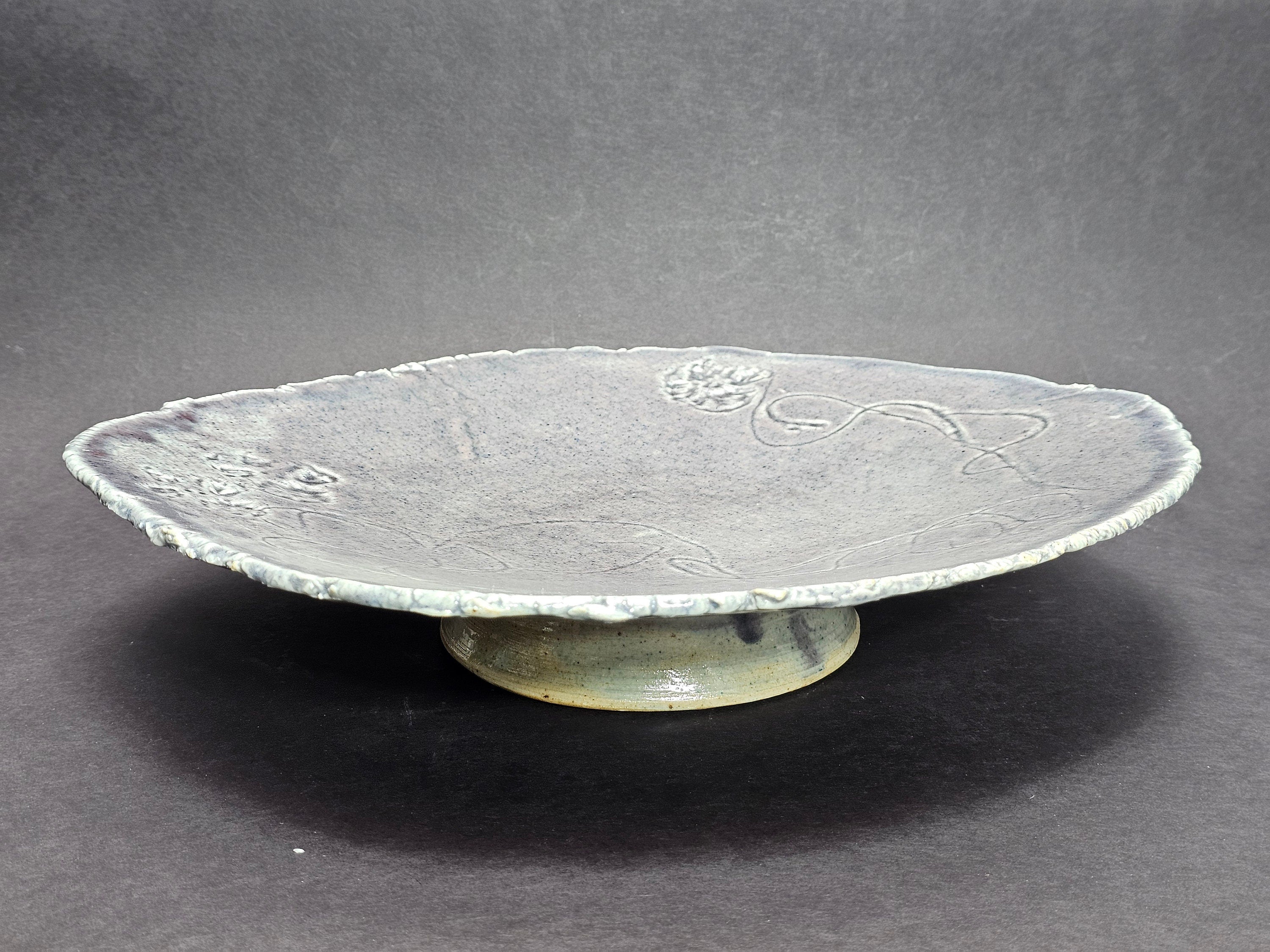 Vintage Studio Art Pottery Japanese Style Gray Plate Floral Design 12.5" x 13.5" x 2.75" H