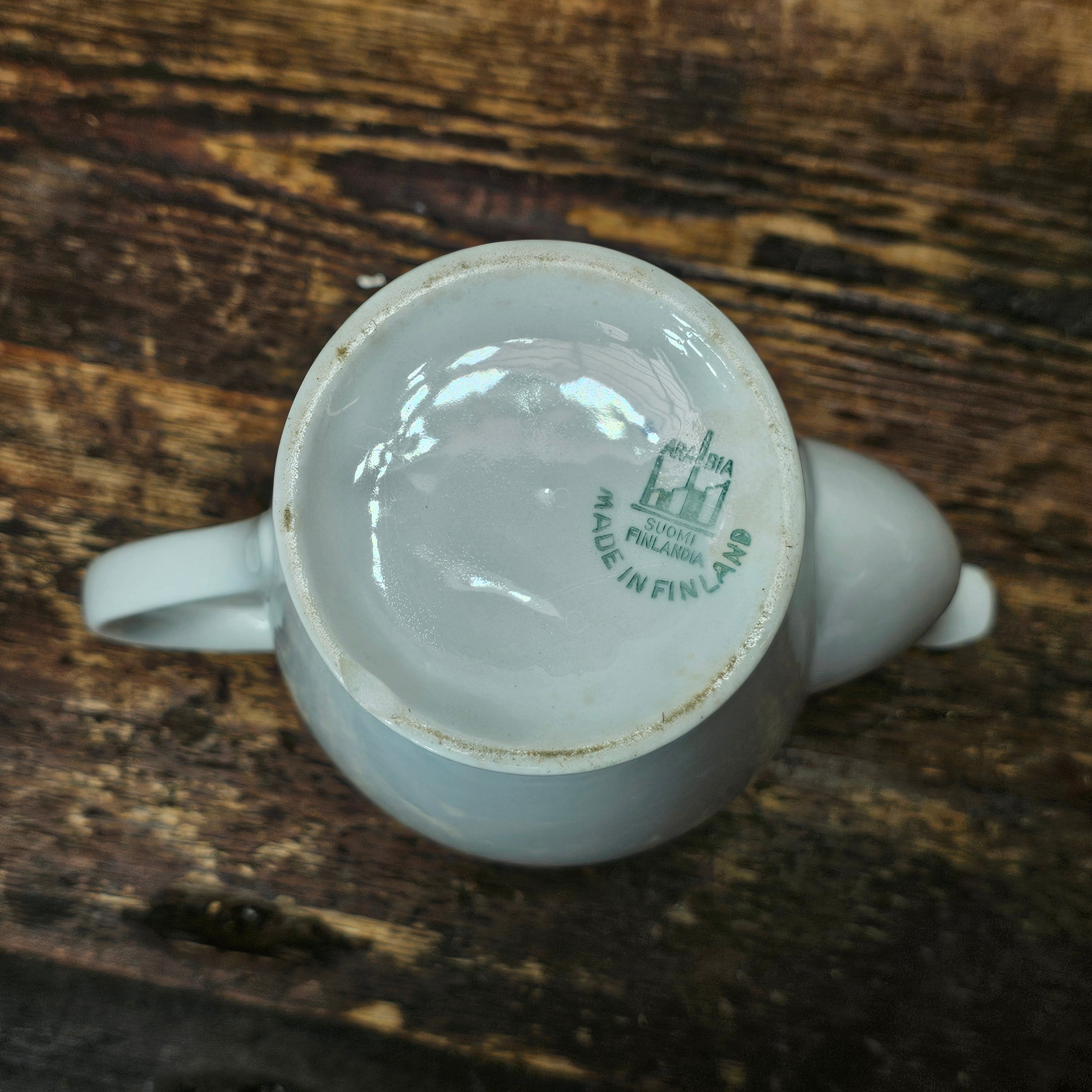 Arabia Suomi Finland Green Band Ribbons White Demitasse Cup & Saucer + Teapot