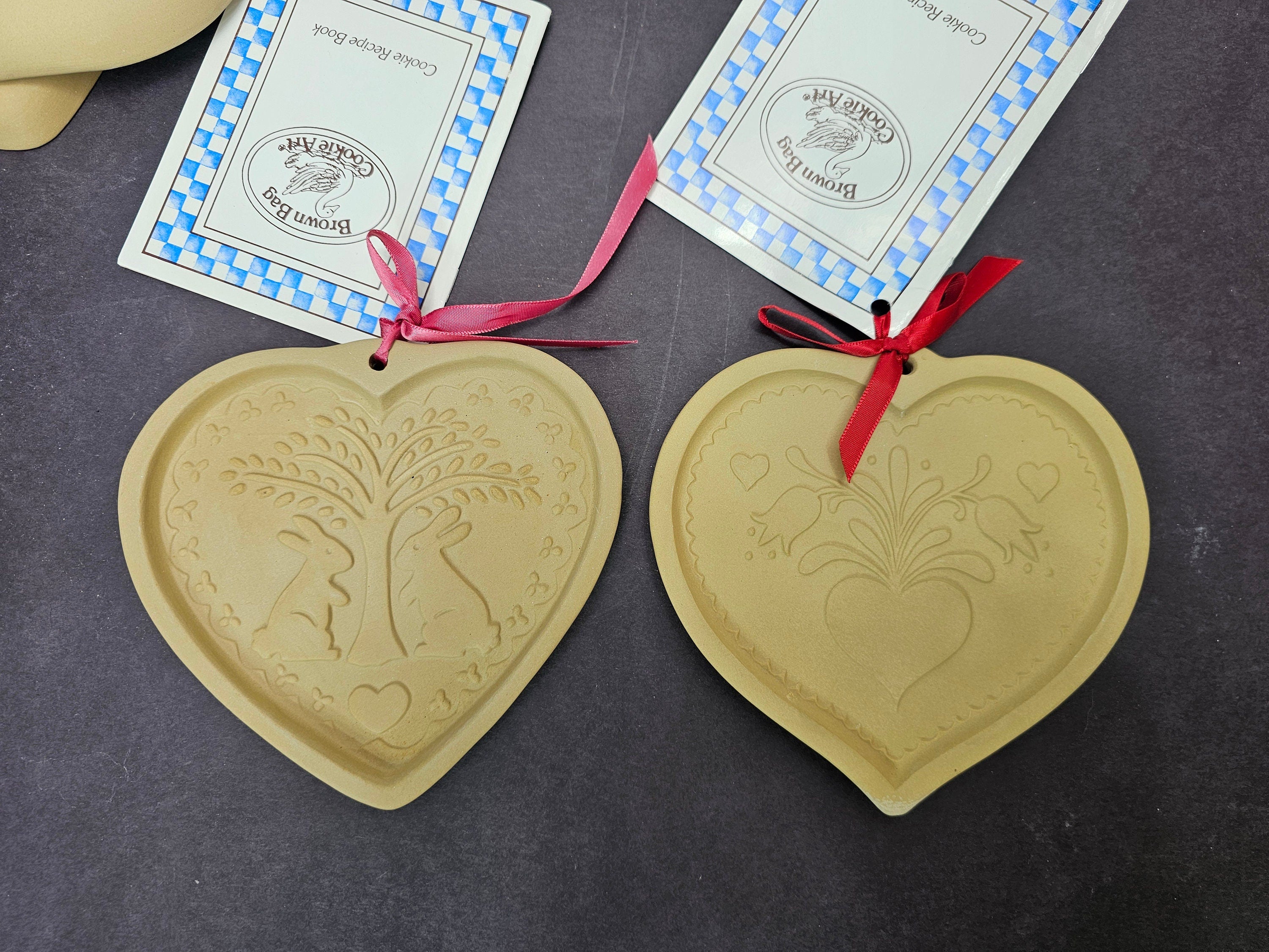 Lot of 4 Brown Bag Cookie Art Mold Heart Shape Stoneware 1986-1990 Hill Design