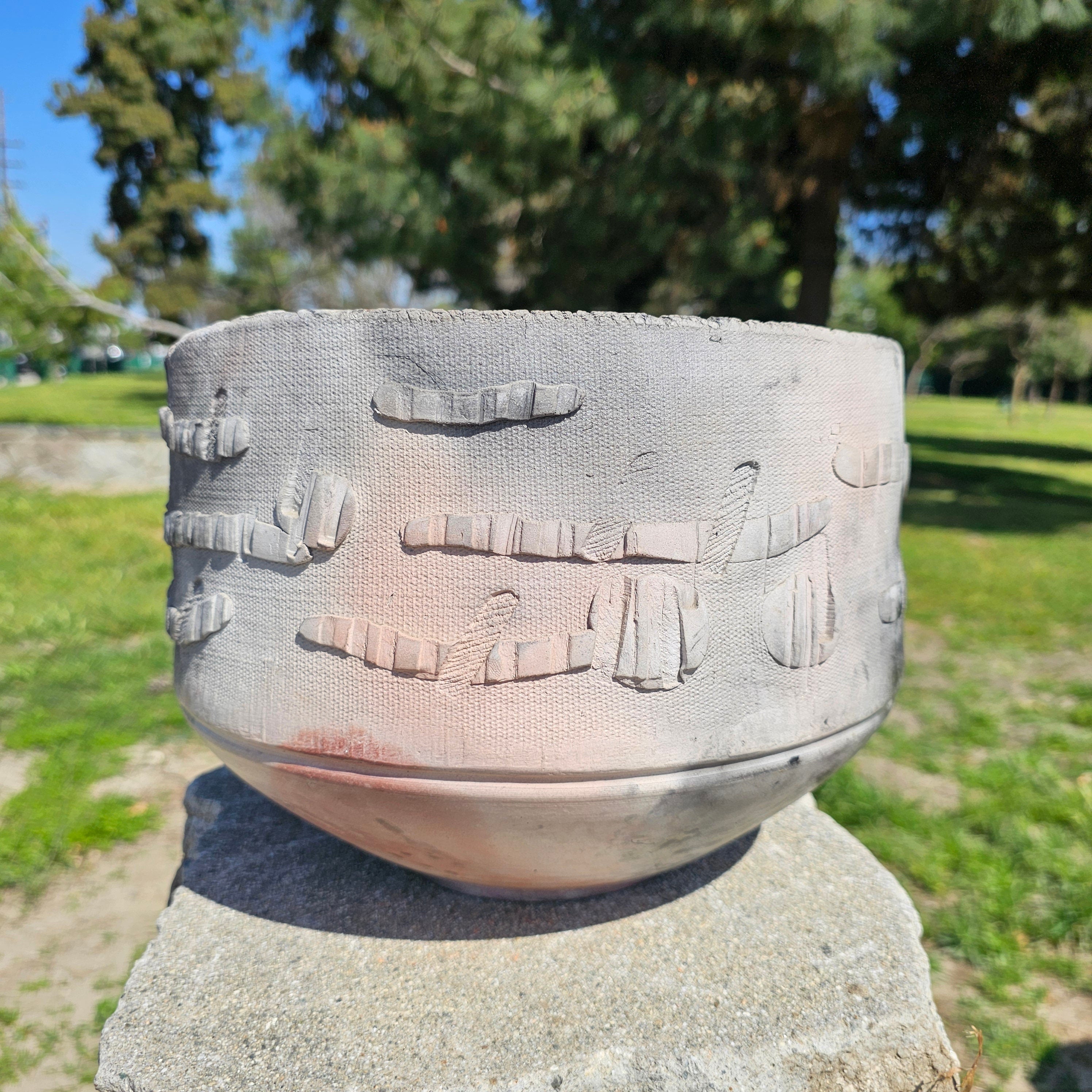 Studio Art Pottery Bowl Gray Signed 10.5" Dia x 8" H