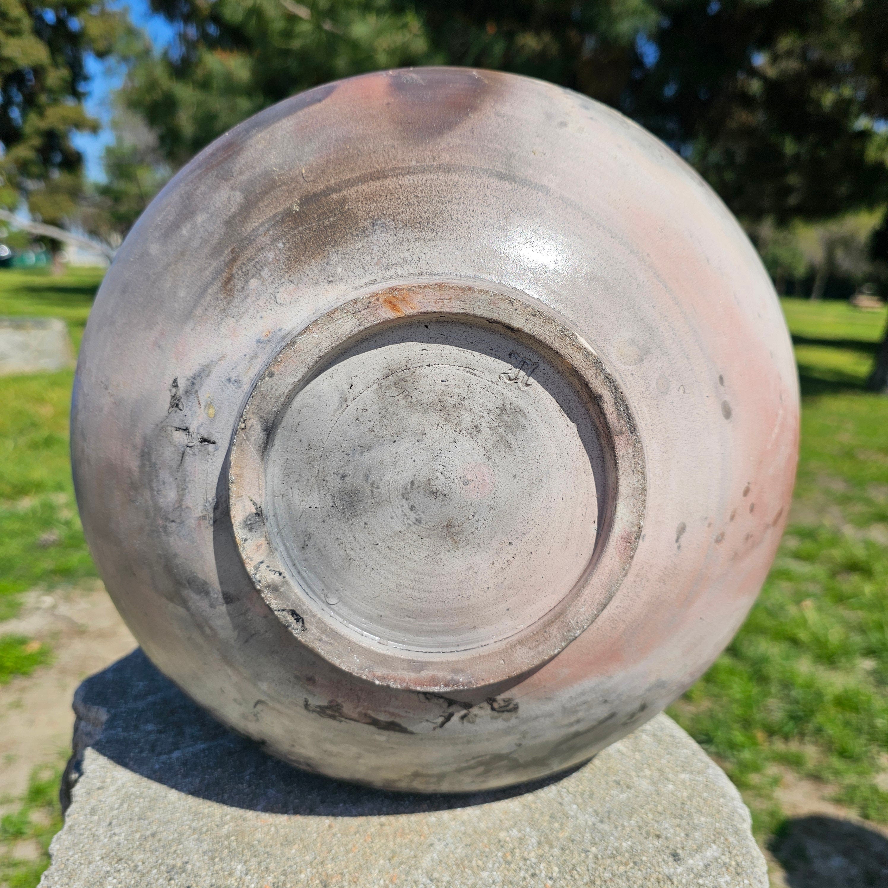 Studio Art Pottery Bowl Gray Signed 10.5" Dia x 8" H