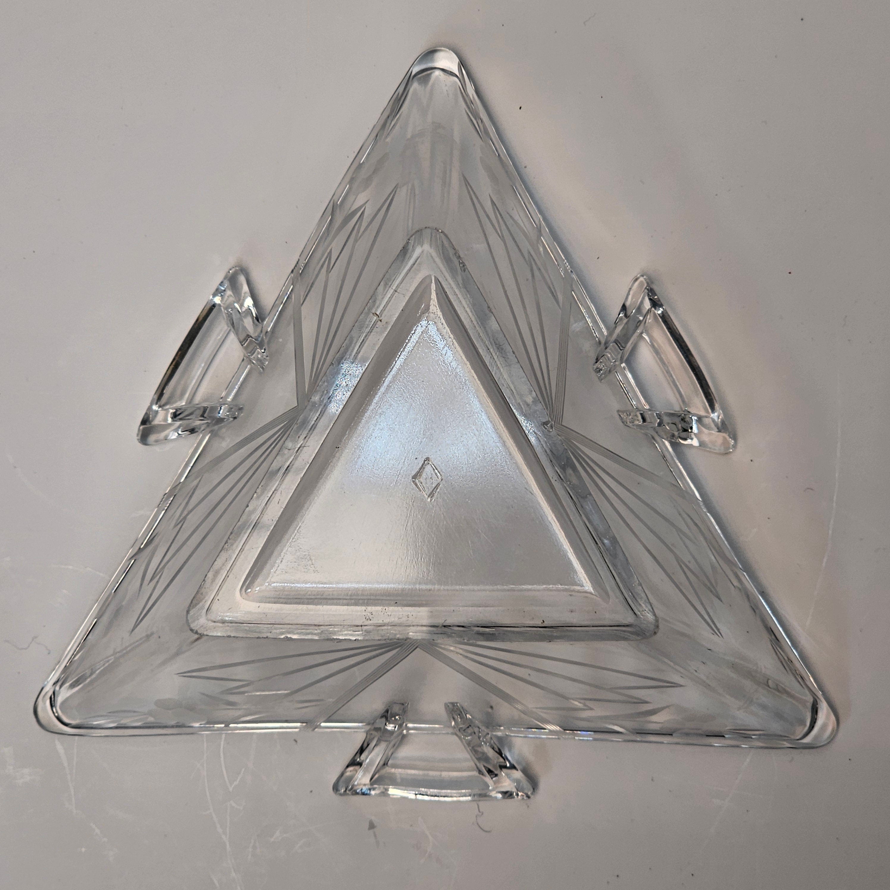 Heisey Etched Floral Clear Mint Dish Tri Handled Triangle Glass Bon Bon No Lid