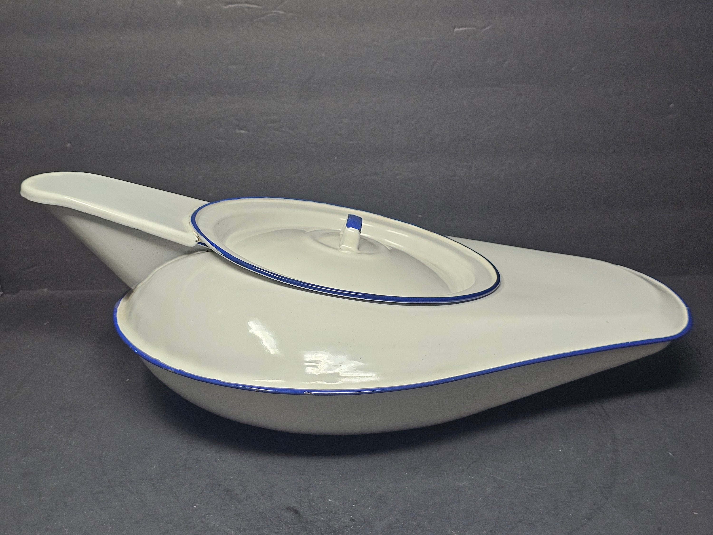 Vintage Hospital White Enamel Bed Pan With Lid