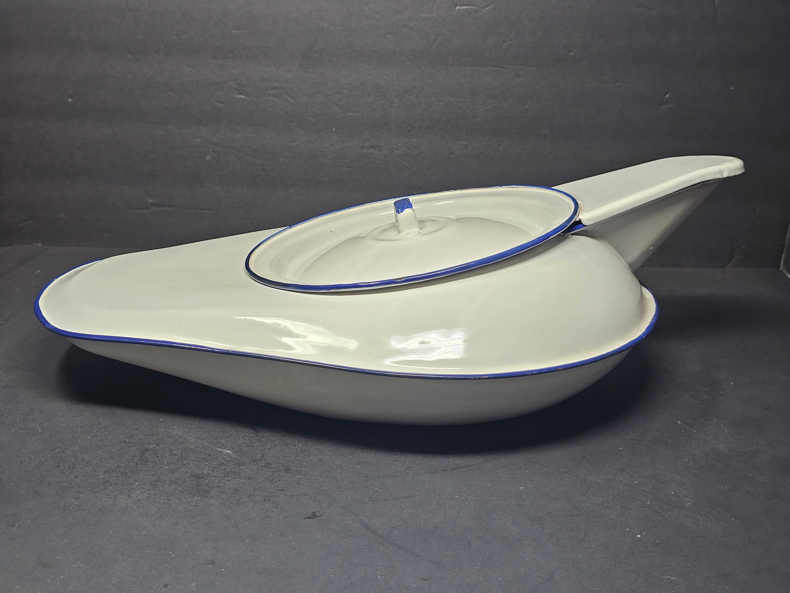 Vintage Hospital White Enamel Bed Pan With Lid