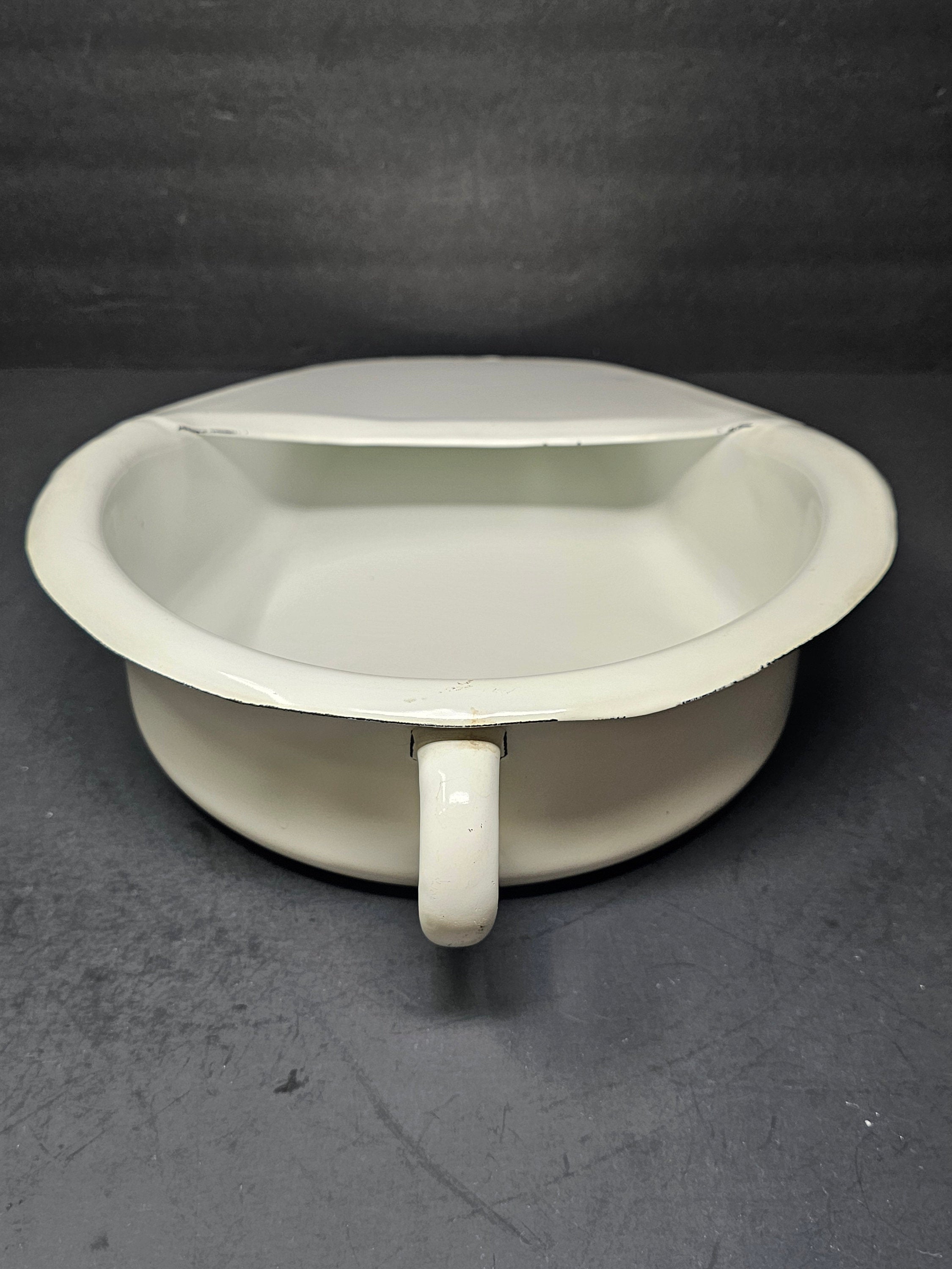 Antique Swedish All White Hospital Enamelware Bed Pan With Handle