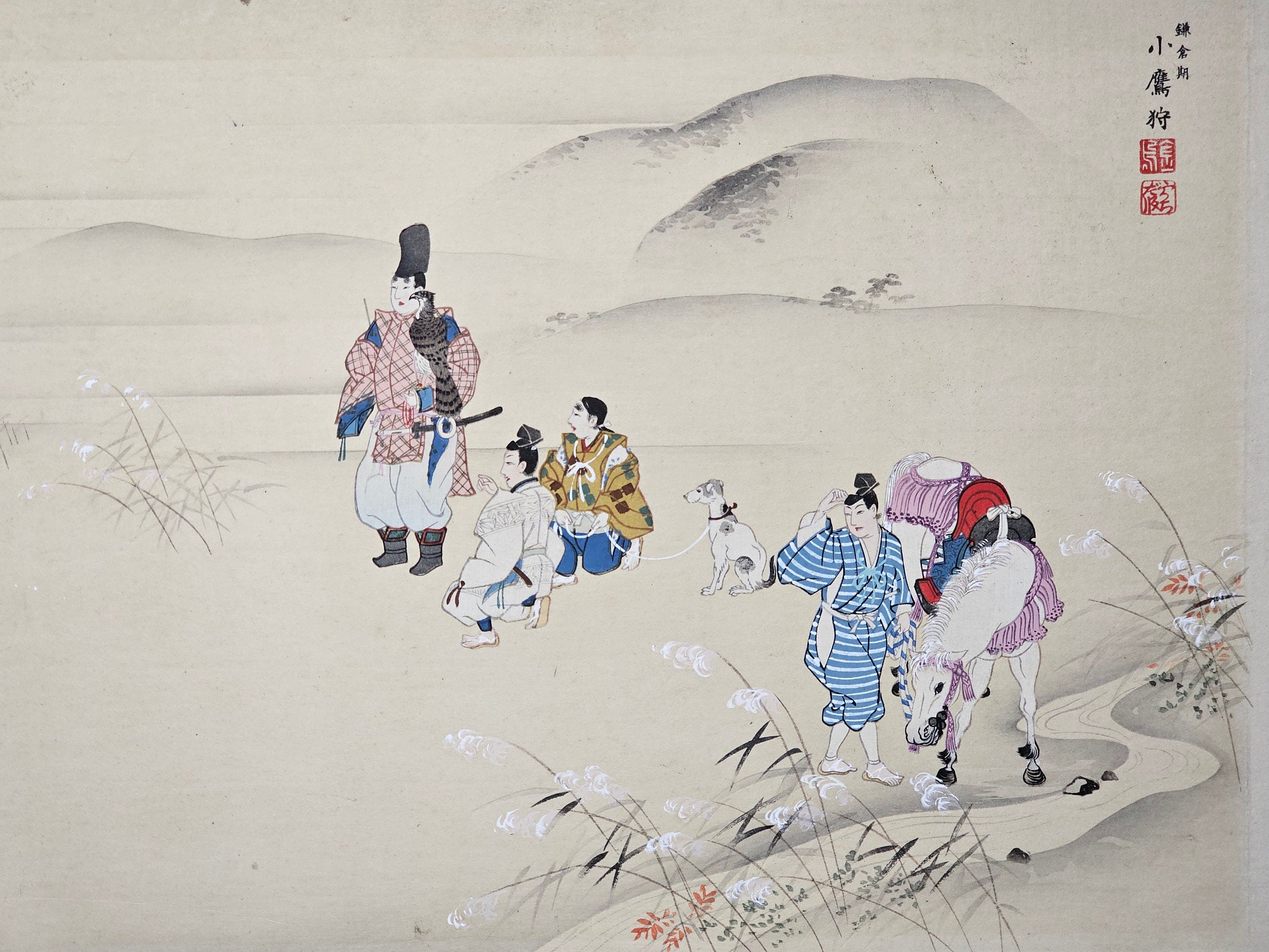 Japanese Woodblock Ukiyo-e "Small Falcon Hunting, Kamakura Period"