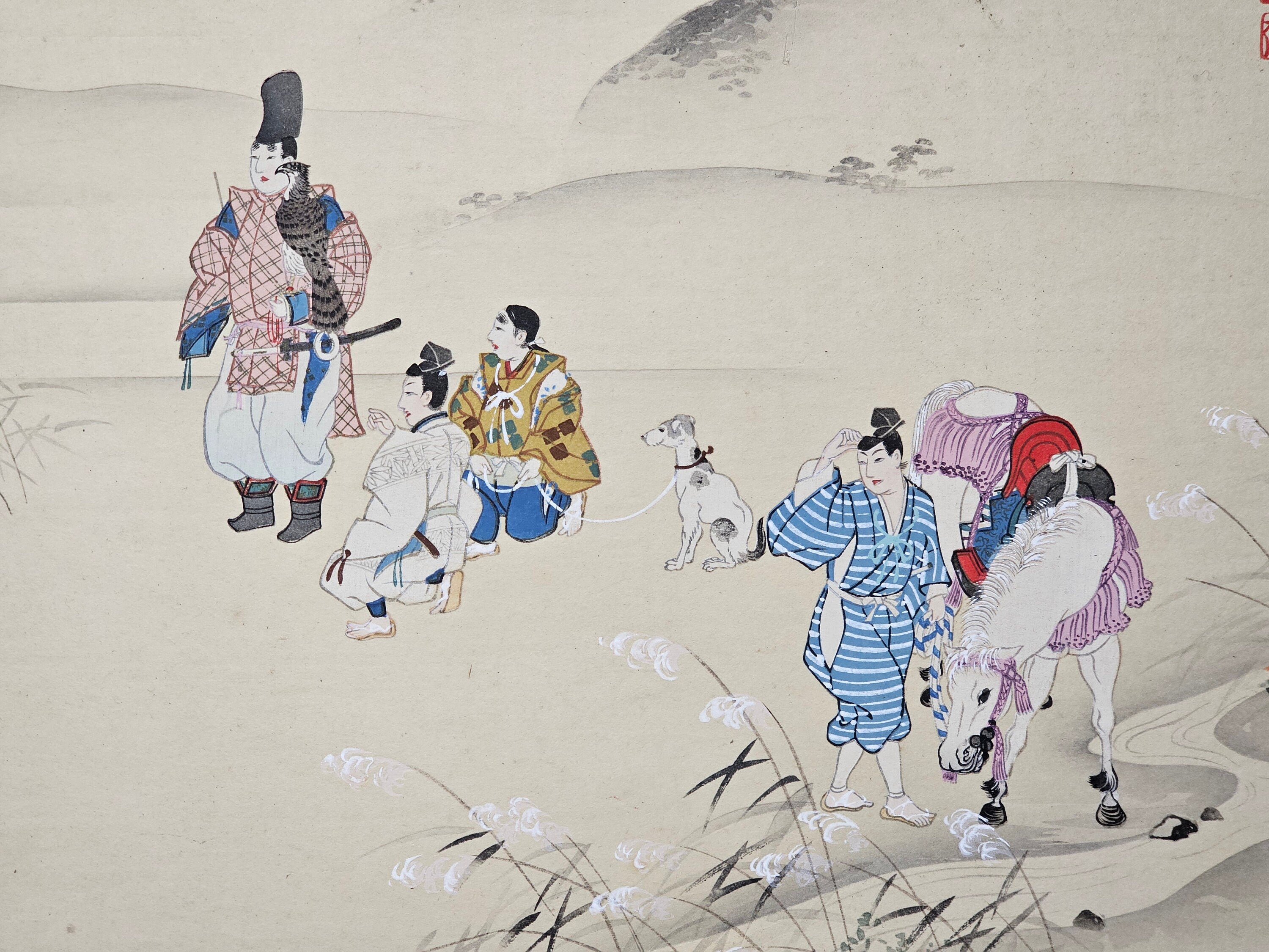 Japanese Woodblock Ukiyo-e "Small Falcon Hunting, Kamakura Period"