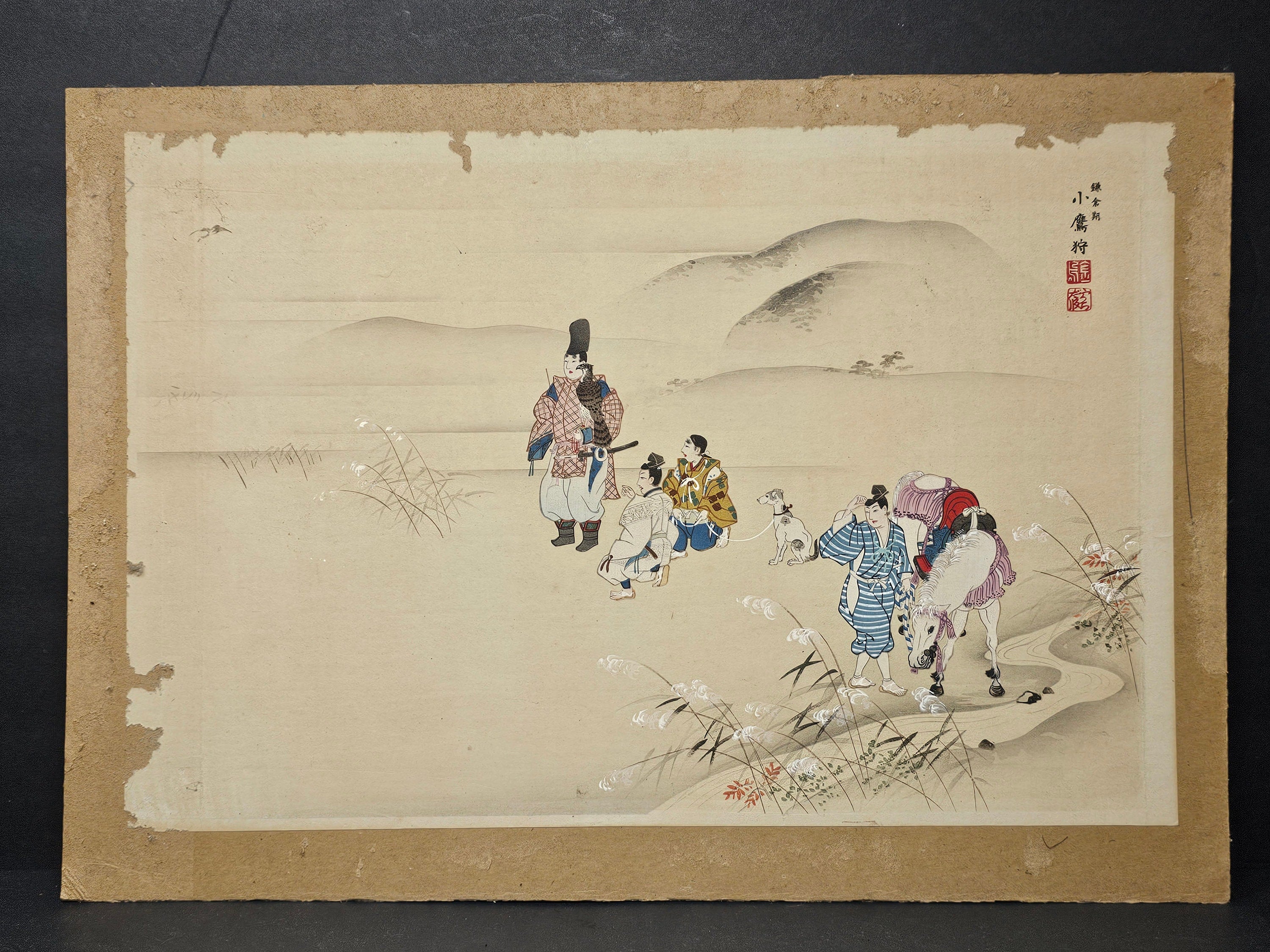 Japanese Woodblock Ukiyo-e "Small Falcon Hunting, Kamakura Period"