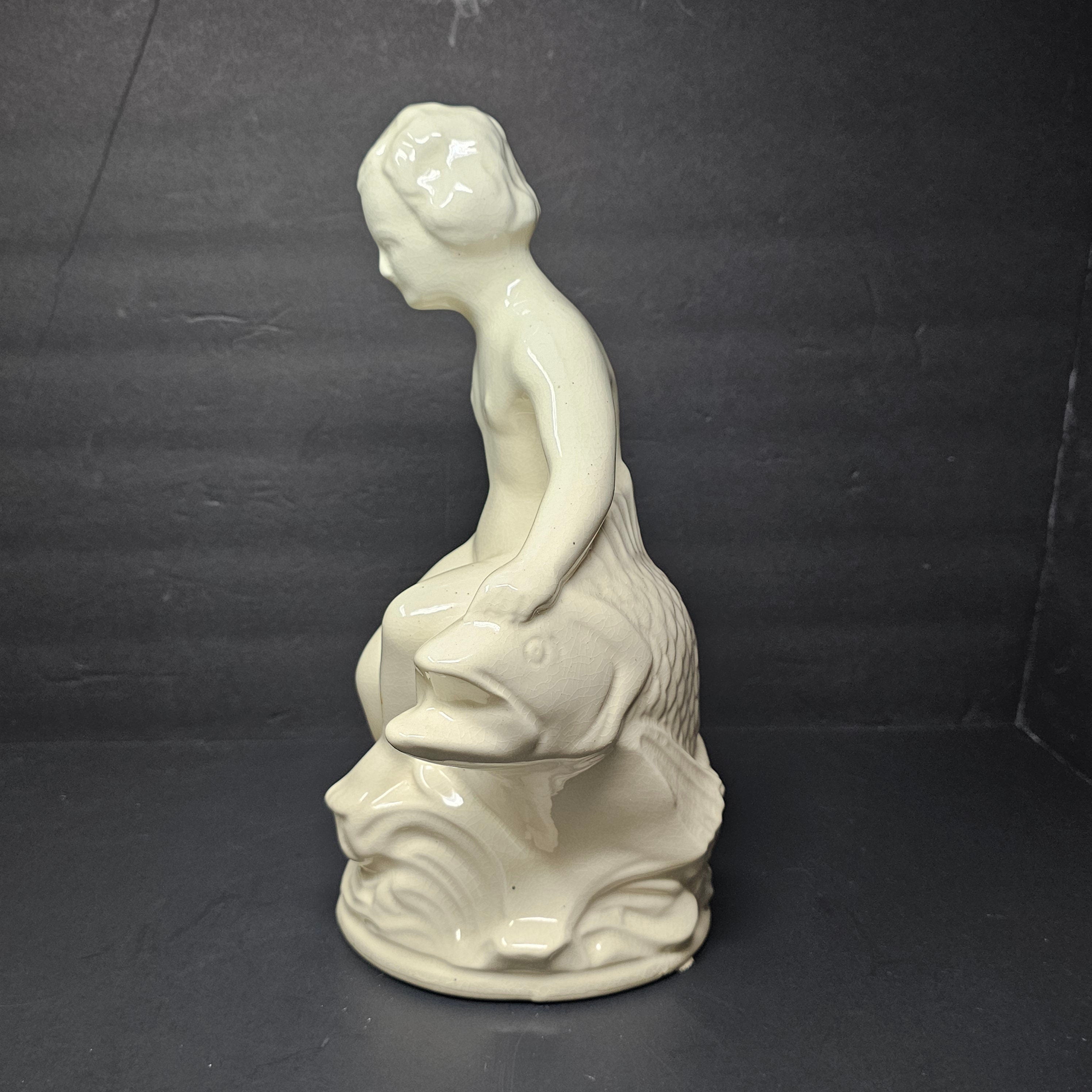 Pottery Statue By Robinson Ransbottom Boy Seated on Fish Bird Bath Insert 12.5" H