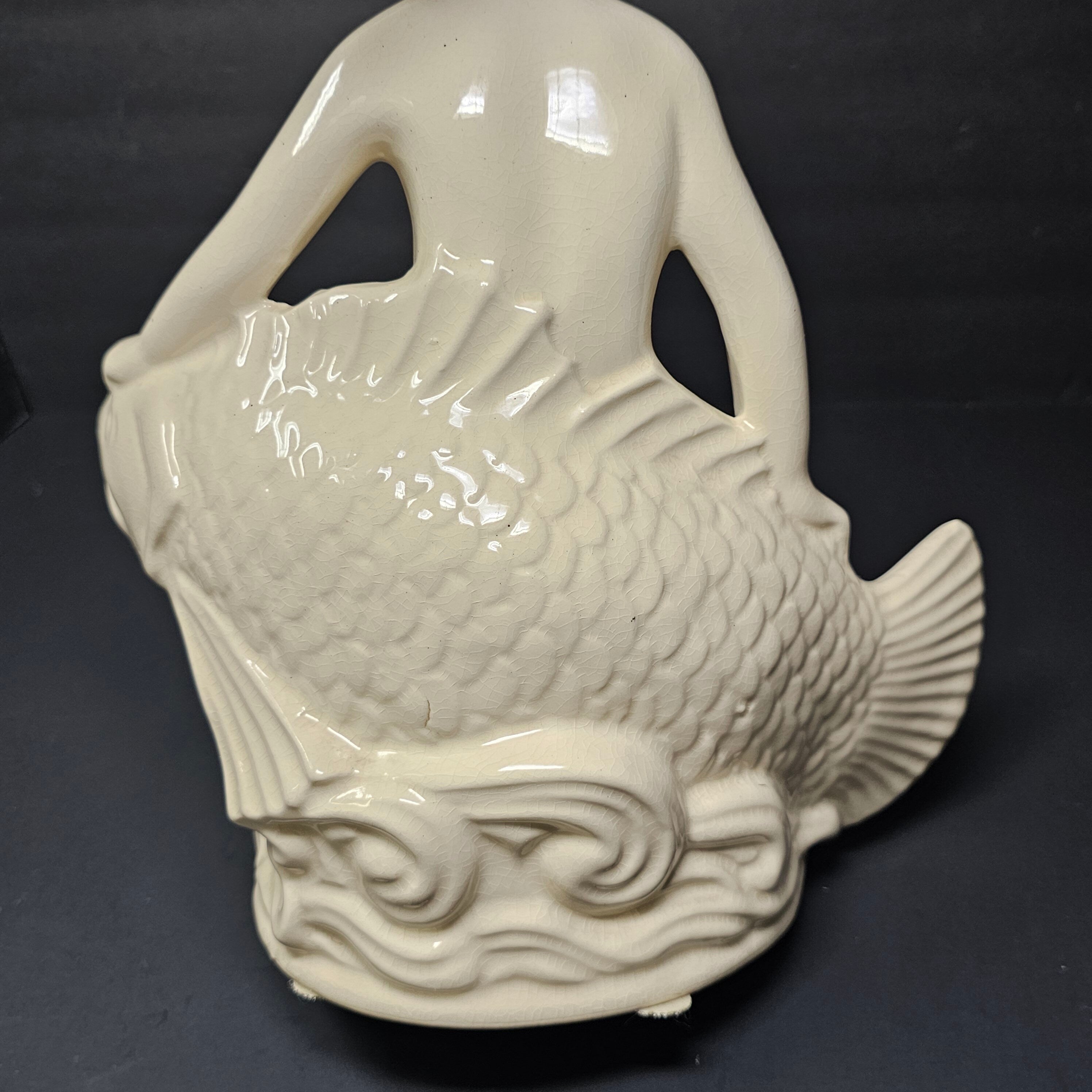 Pottery Statue By Robinson Ransbottom Boy Seated on Fish Bird Bath Insert 12.5" H