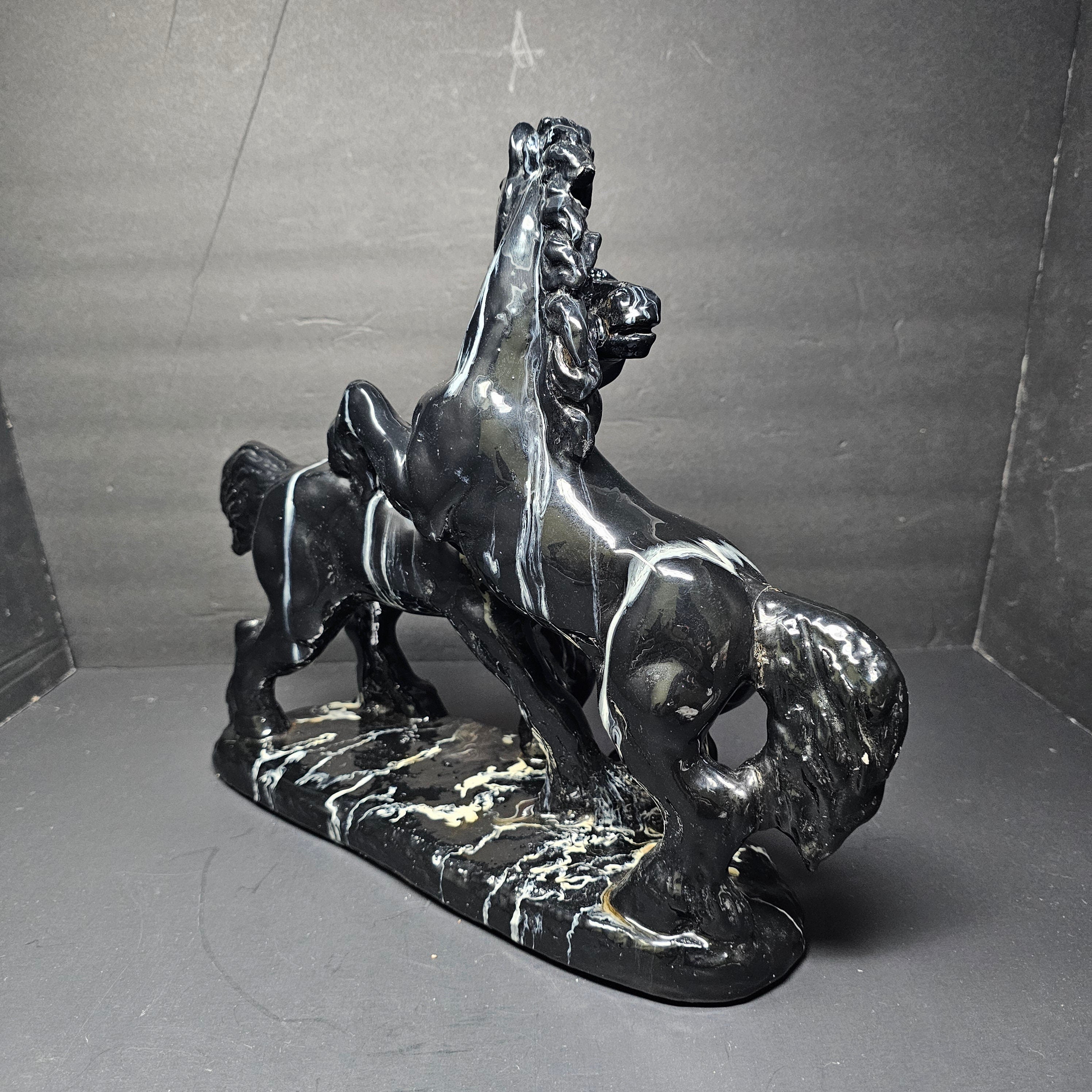 Two Black Stallions Sculpture Glazed Plaster Marble Swirl Statue Vintage