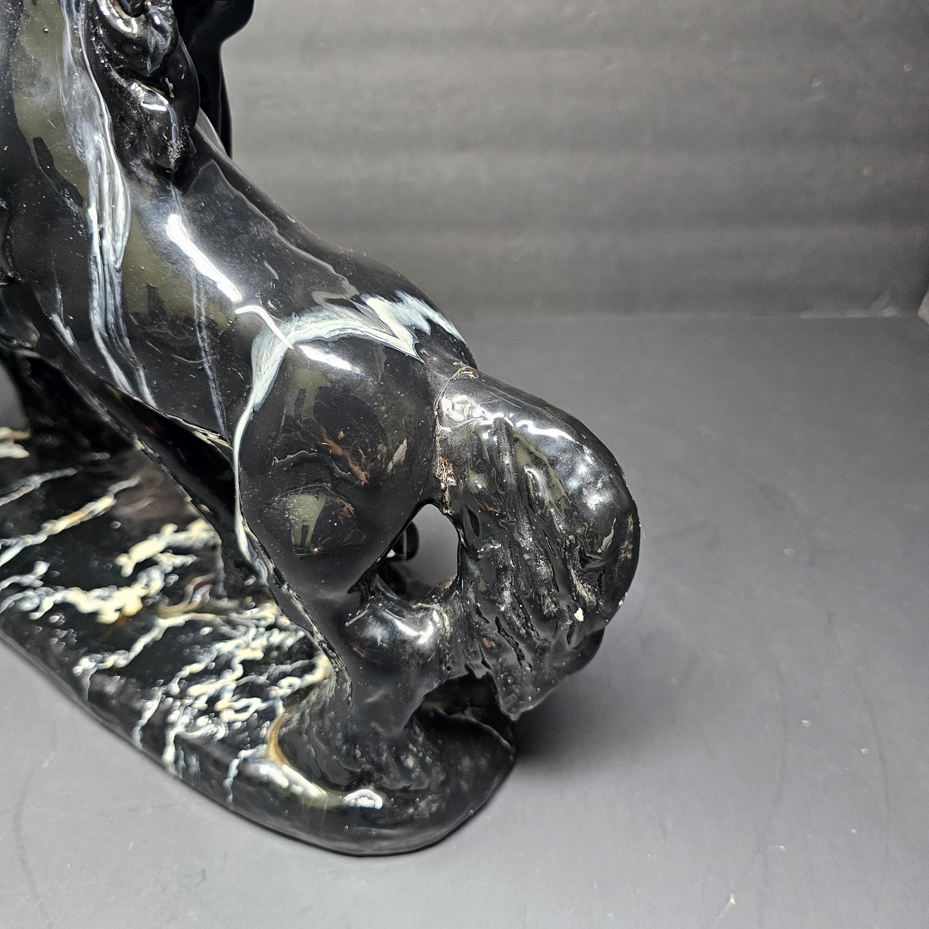 Two Black Stallions Sculpture Glazed Plaster Marble Swirl Statue Vintage