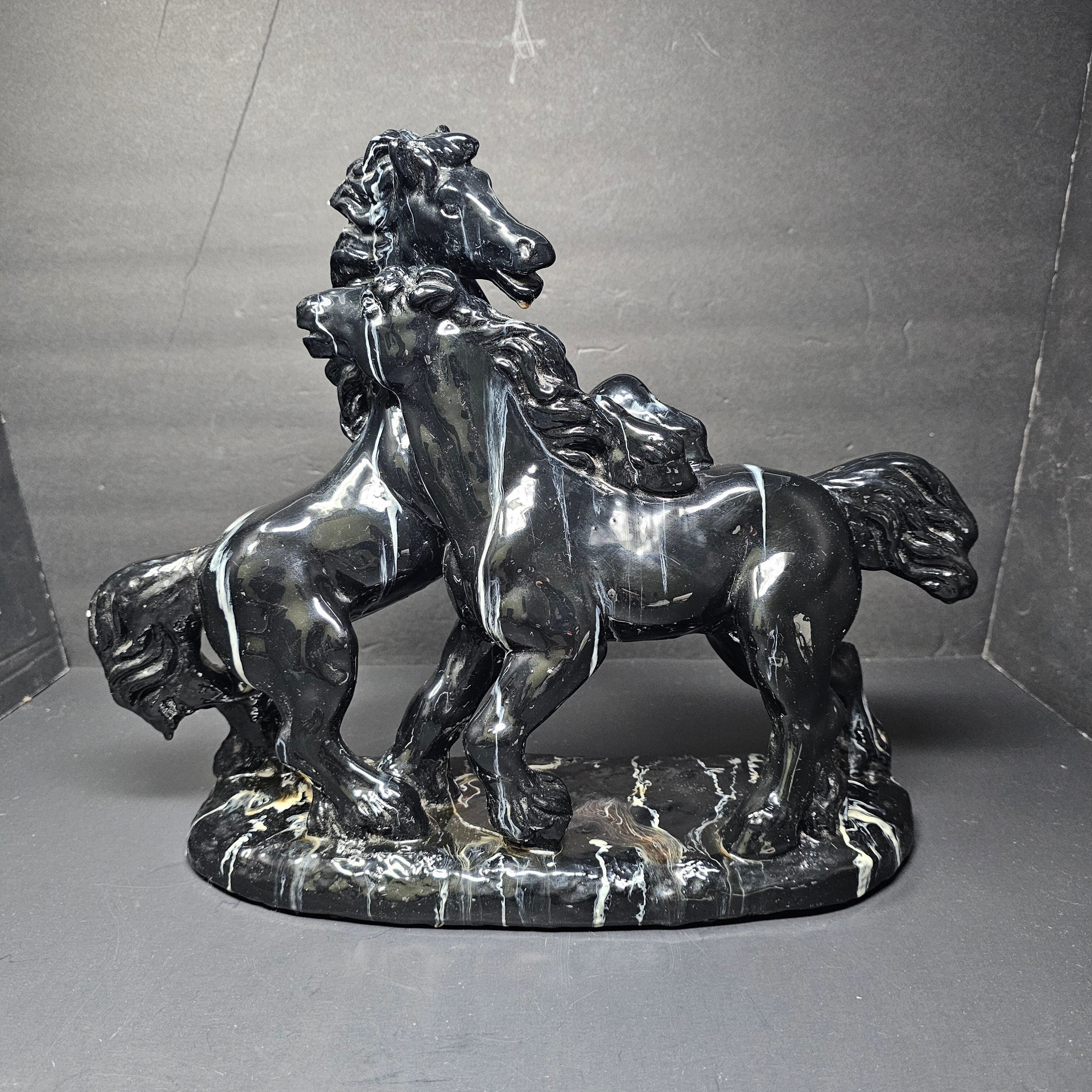 Two Black Stallions Sculpture Glazed Plaster Marble Swirl Statue Vintage