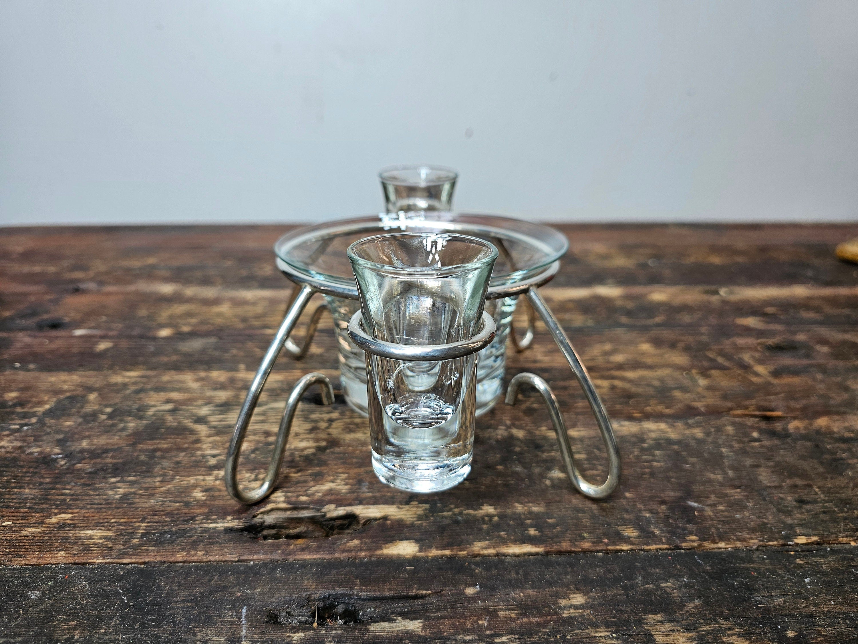 Mid Century Modern Anchor Hocking Glass Set Silver Plated Holder Stand