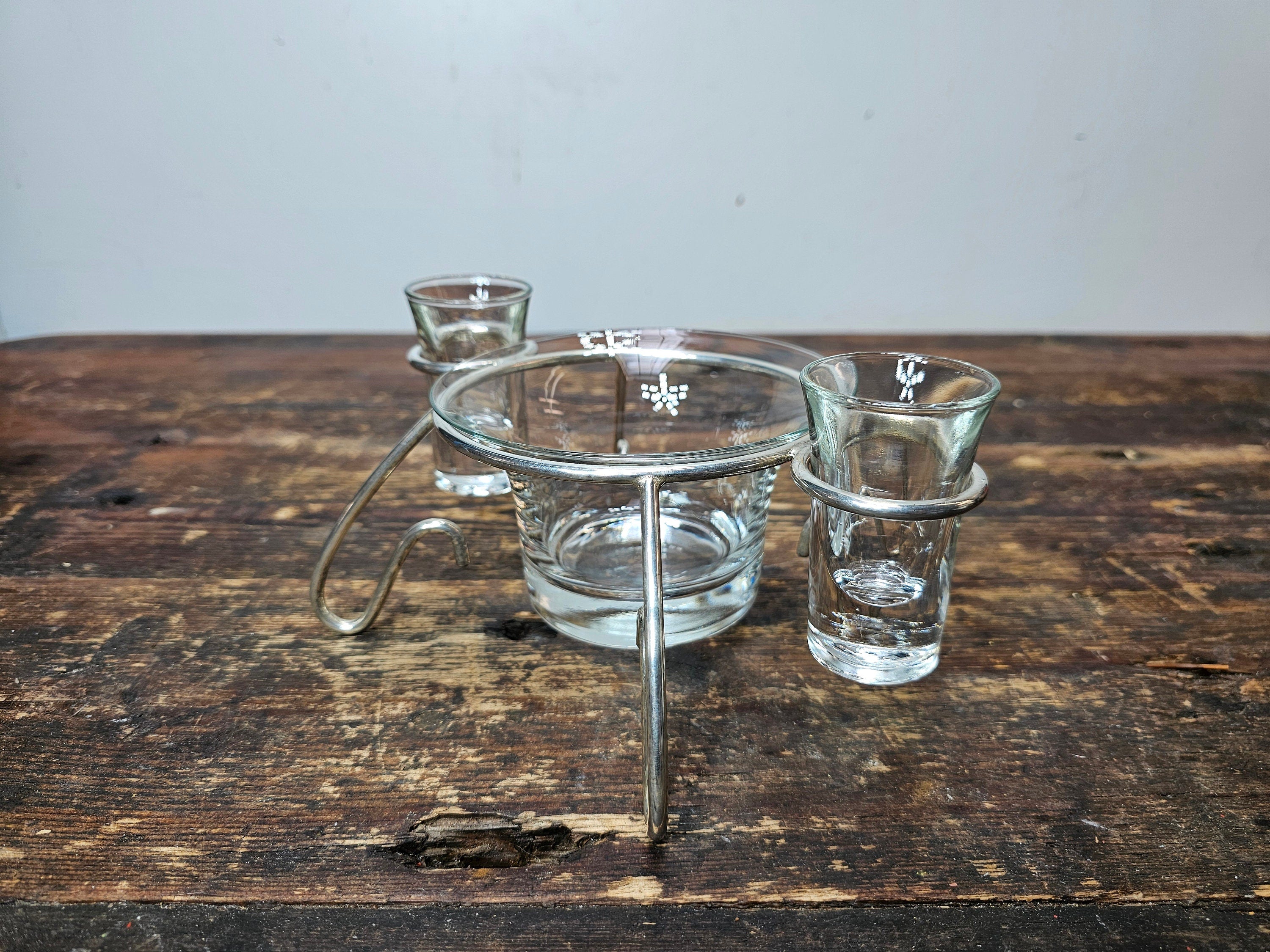 Mid Century Modern Anchor Hocking Glass Set Silver Plated Holder Stand