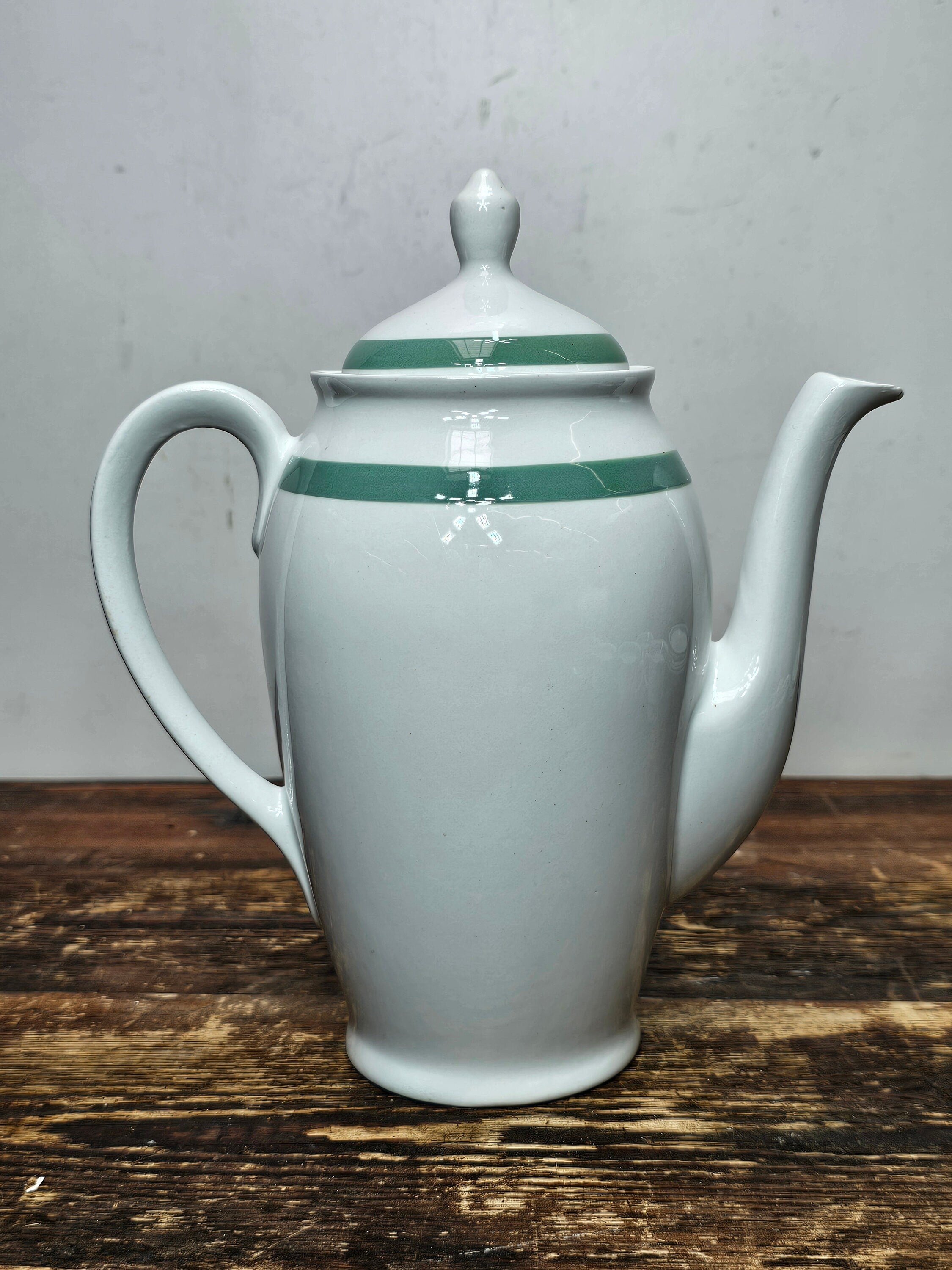 Arabia Suomi Finland Green Band Ribbons White Demitasse Cup & Saucer + Teapot