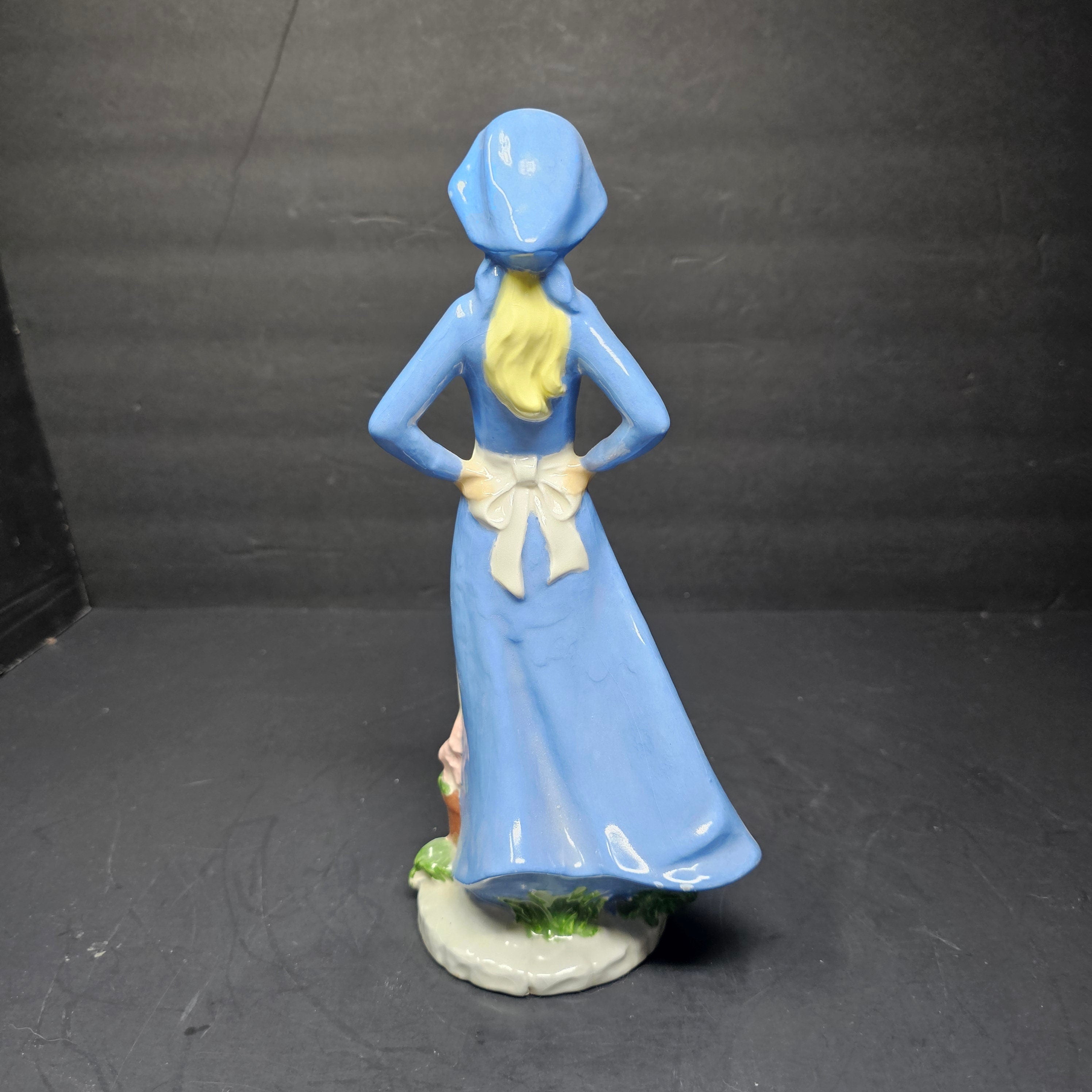 Blue Glazed Porcelain Farm Lady Figurine Duck Flowers 1990