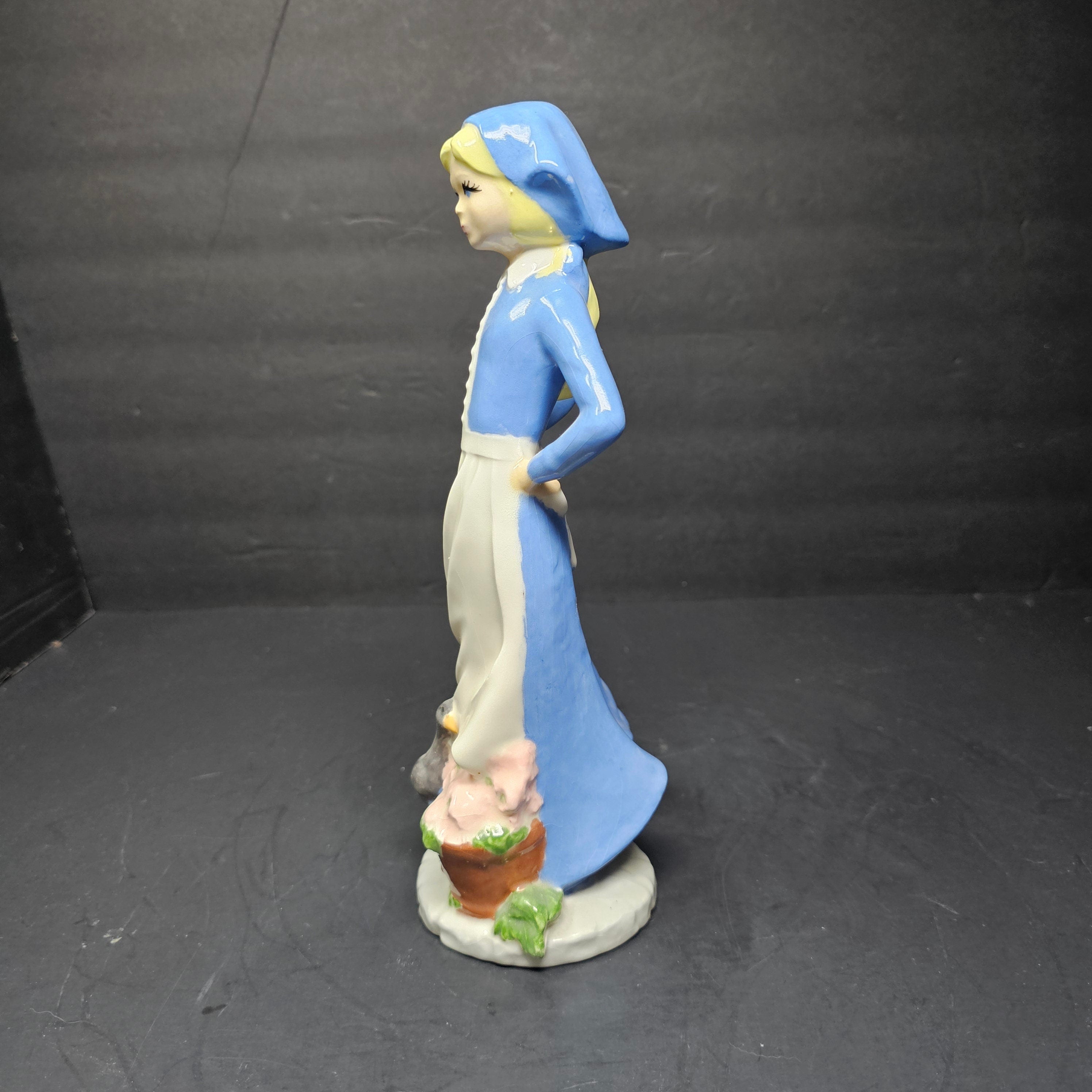 Blue Glazed Porcelain Farm Lady Figurine Duck Flowers 1990