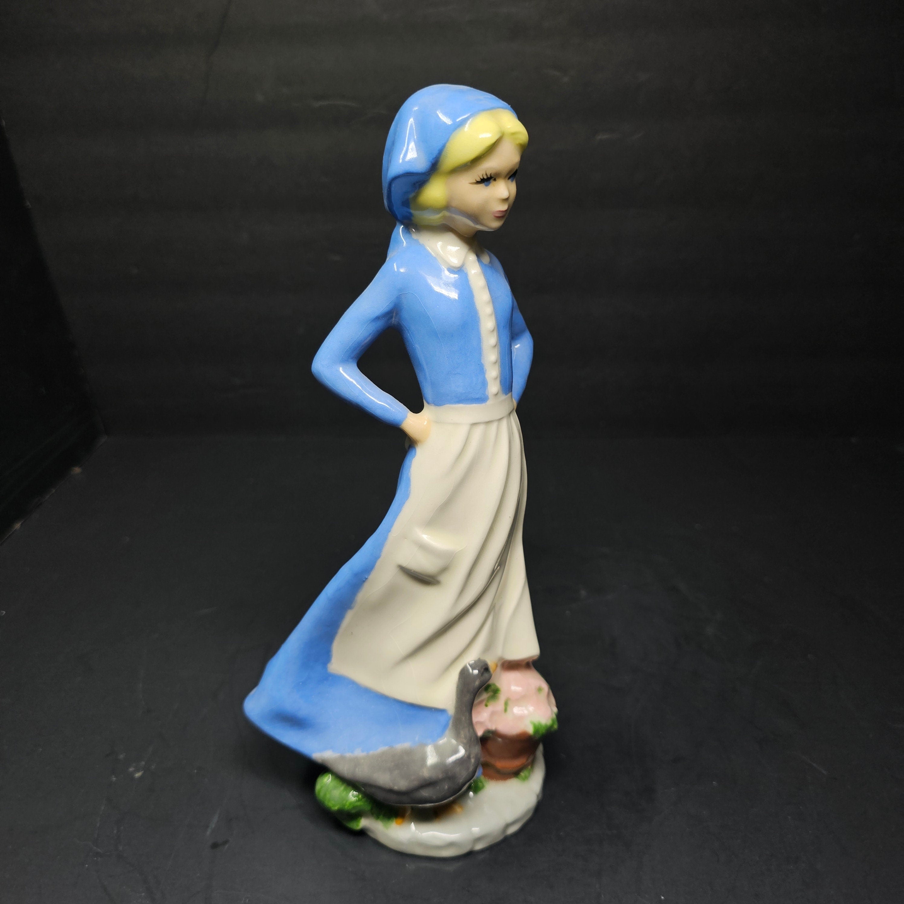 Blue Glazed Porcelain Farm Lady Figurine Duck Flowers 1990