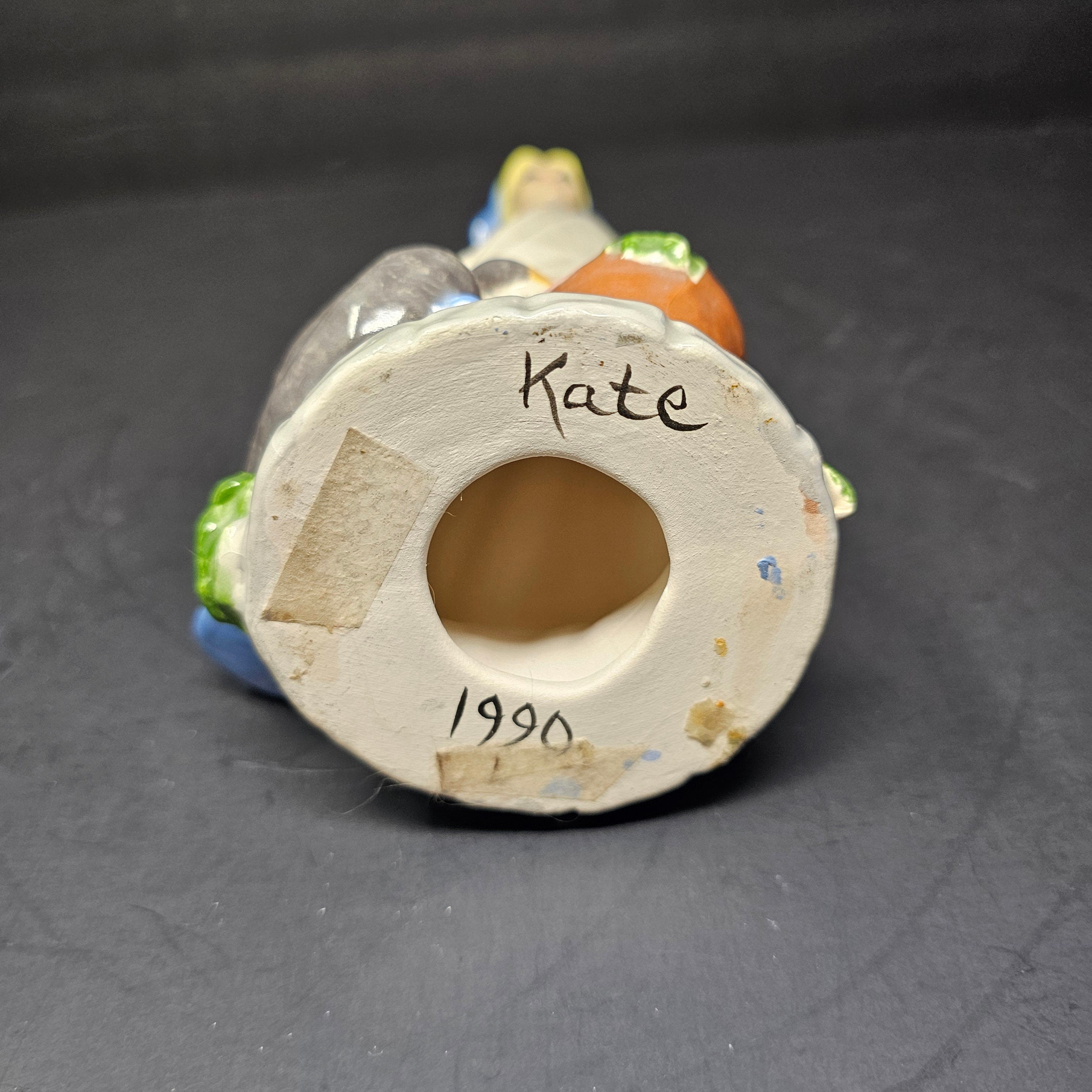 Blue Glazed Porcelain Farm Lady Figurine Duck Flowers 1990