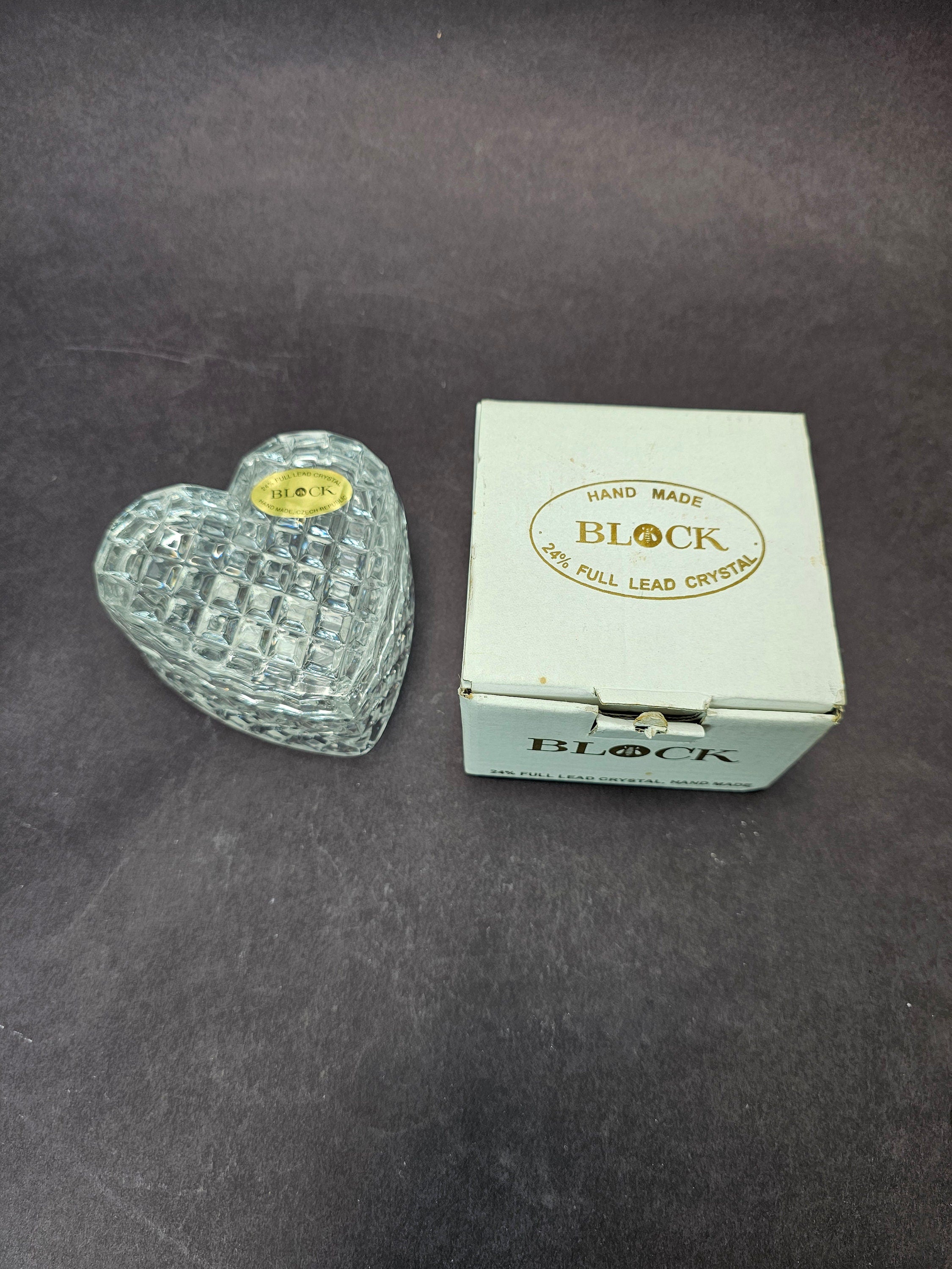 BLOCK Czech 24% Full Lead Crystal Glass Orion Heart Box Container NOS
