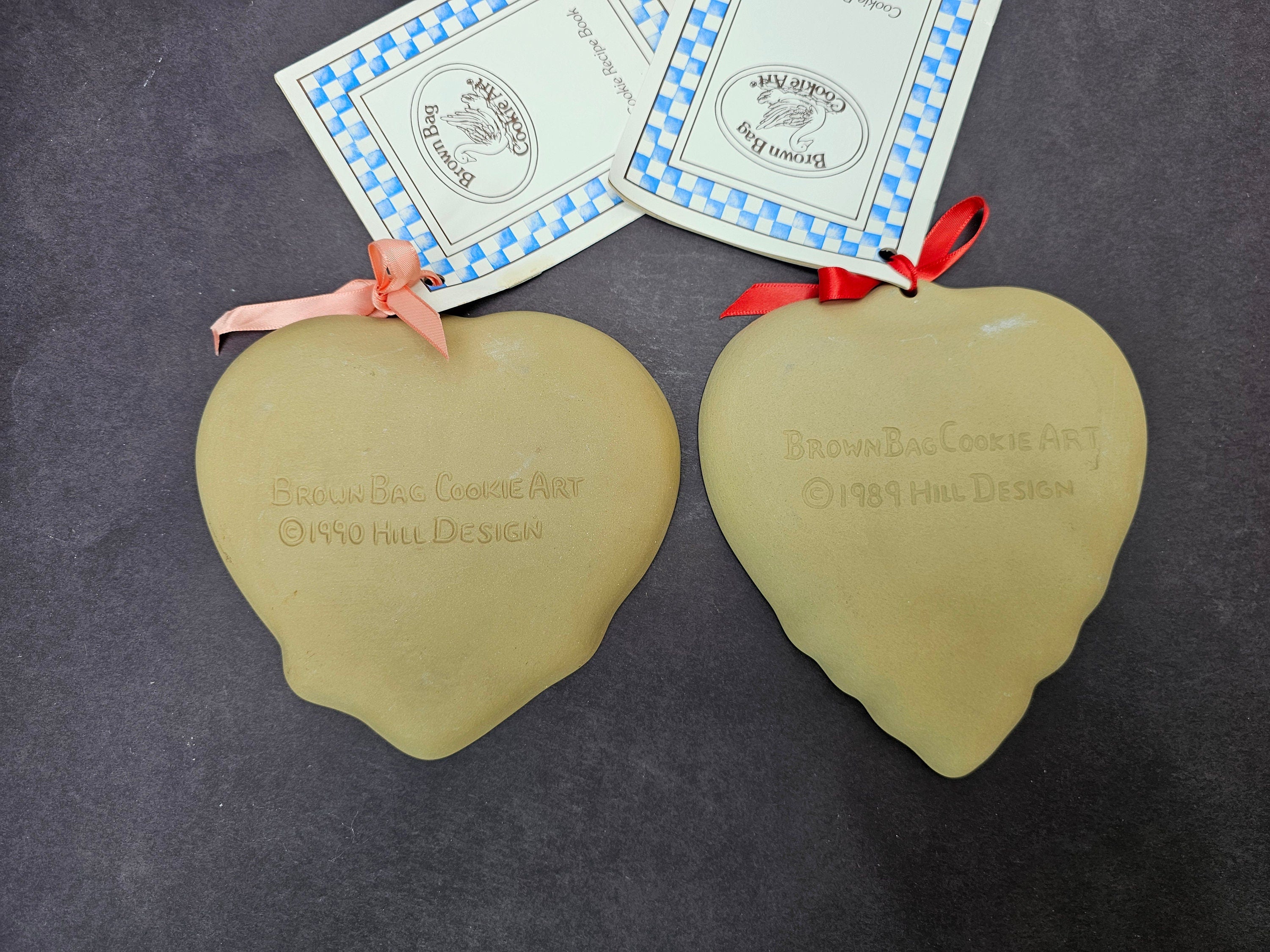 Lot of 4 Brown Bag Cookie Art Mold Heart Shape Stoneware 1986-1990 Hill Design