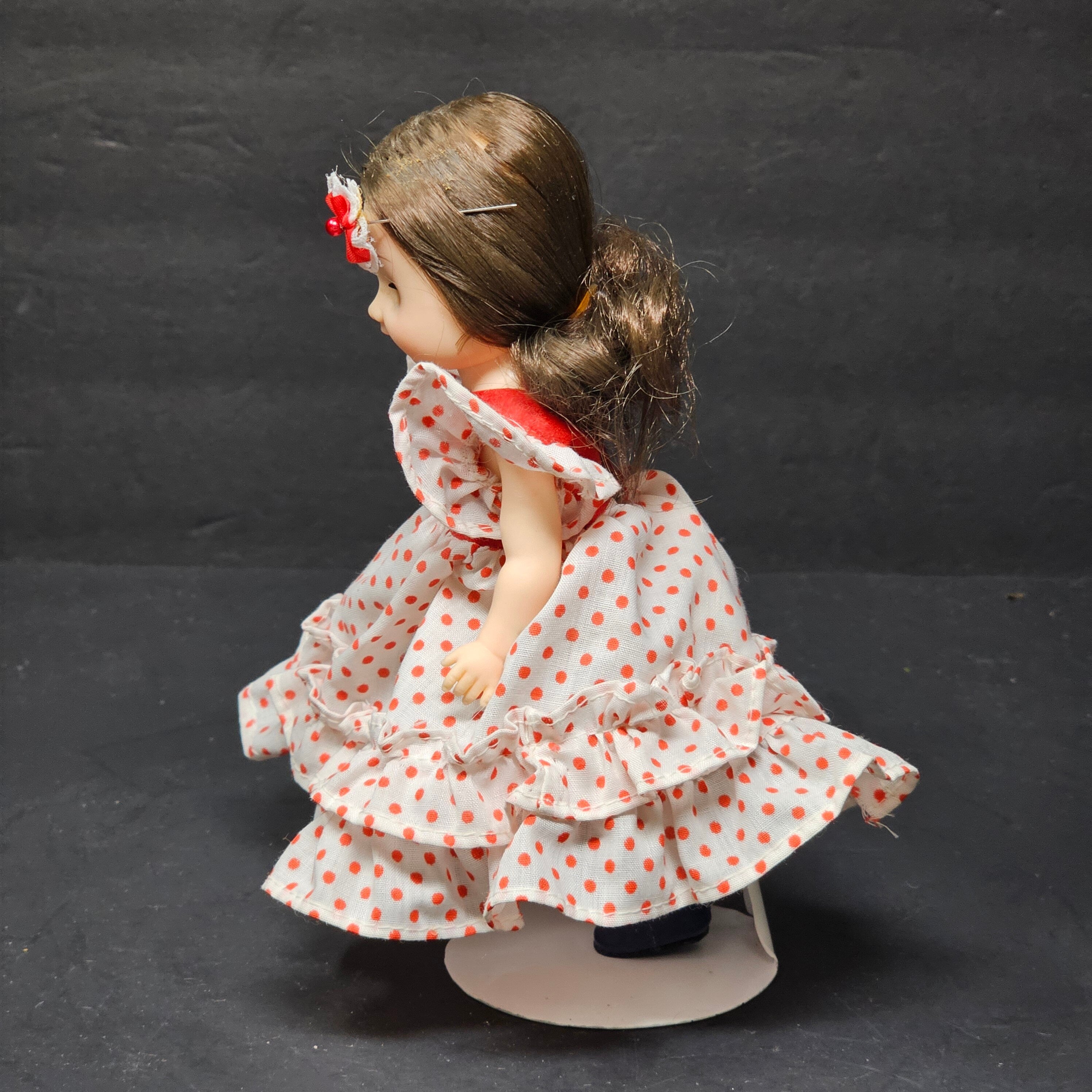 Vintage Symbol of Quality Doll 7" Dark Hair Red and White Polka Dot Dress